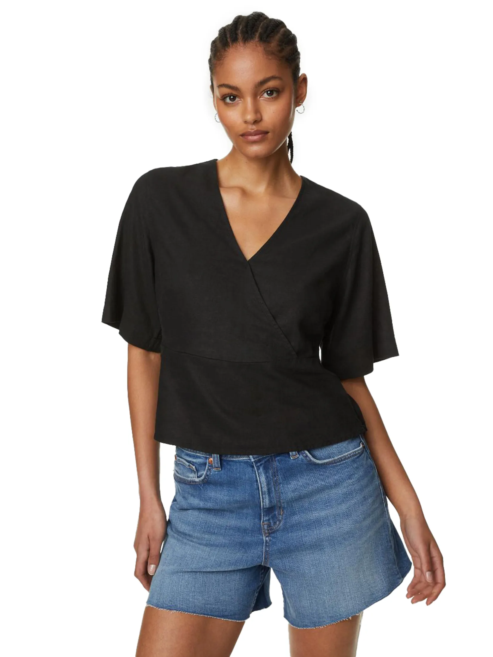 MARKS & SPENCER Women Blouse Linen Rich V Neck Kimono Sleeve Black Size - 10 UK