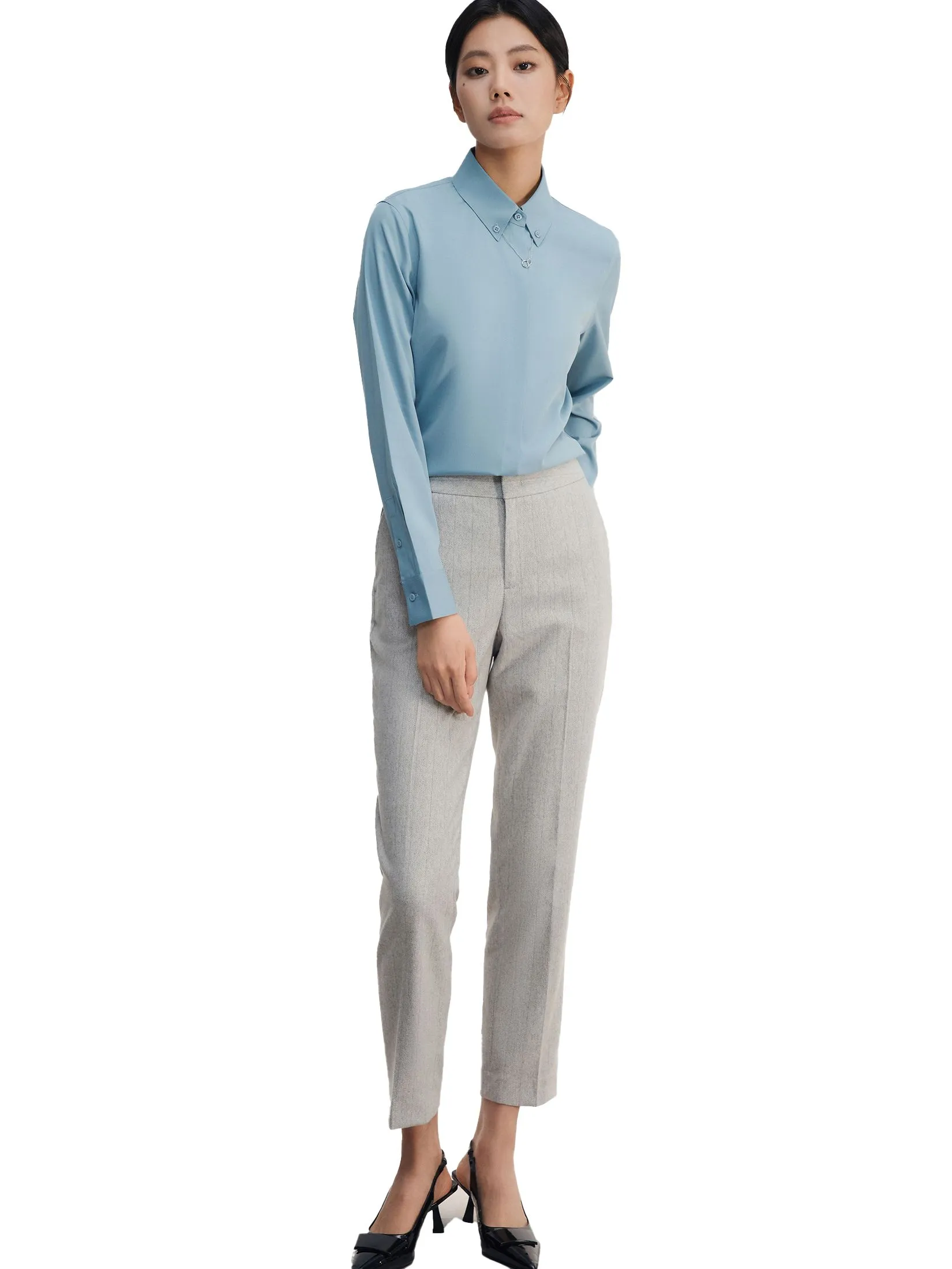 G2000 Women Clothing Modal Poly Spandex Dobby Twill With Detachable Necklace Shirt Slim Fit - Blue