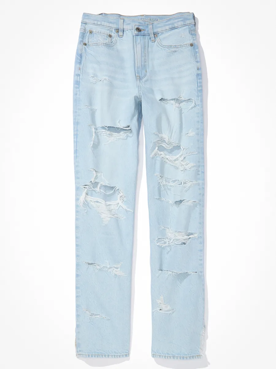 AMERICAN EAGLE WOMEN SUPER HIGH-RISE BAGGY STRAIGHT JEANS 508 LIGHT DESTROY WASH