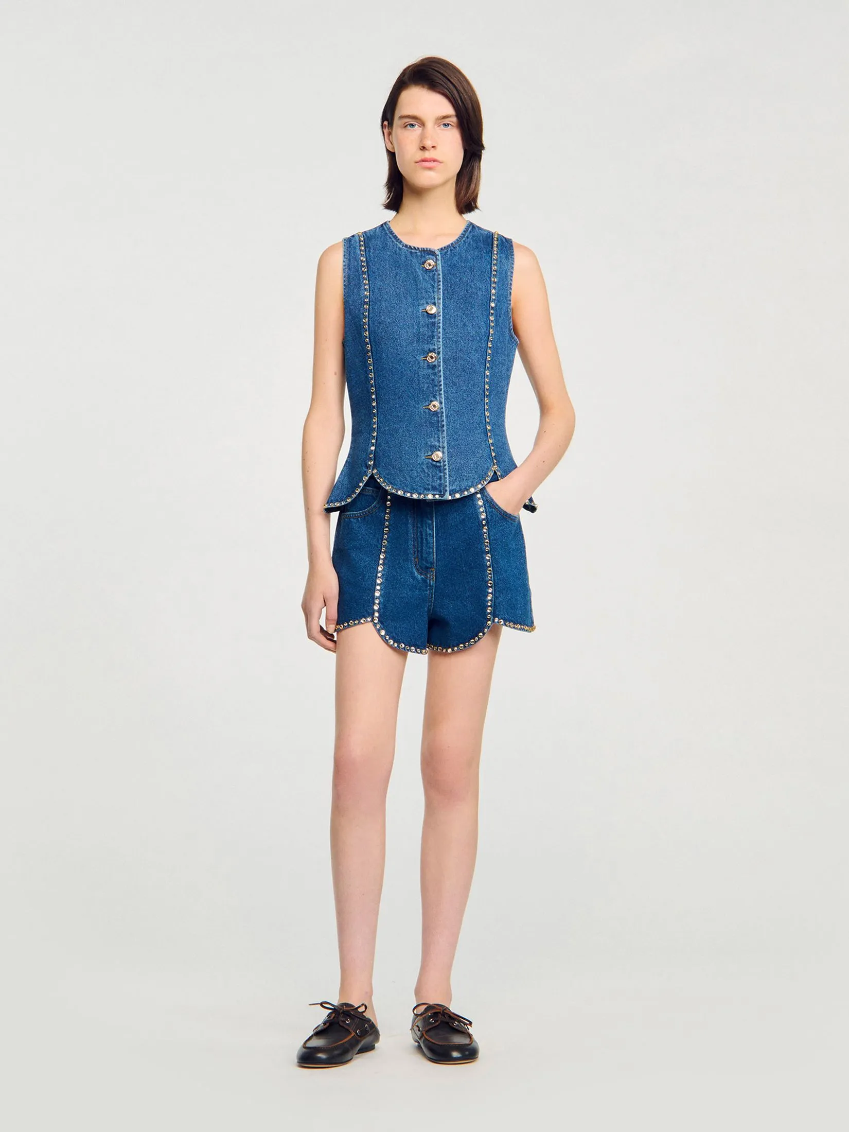 SANDRO Rhinestone Denim Top