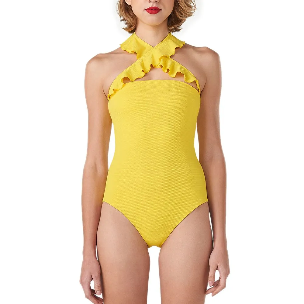 ANGELYS BALEK Yellow Ruffle Neck Women Swimsuit