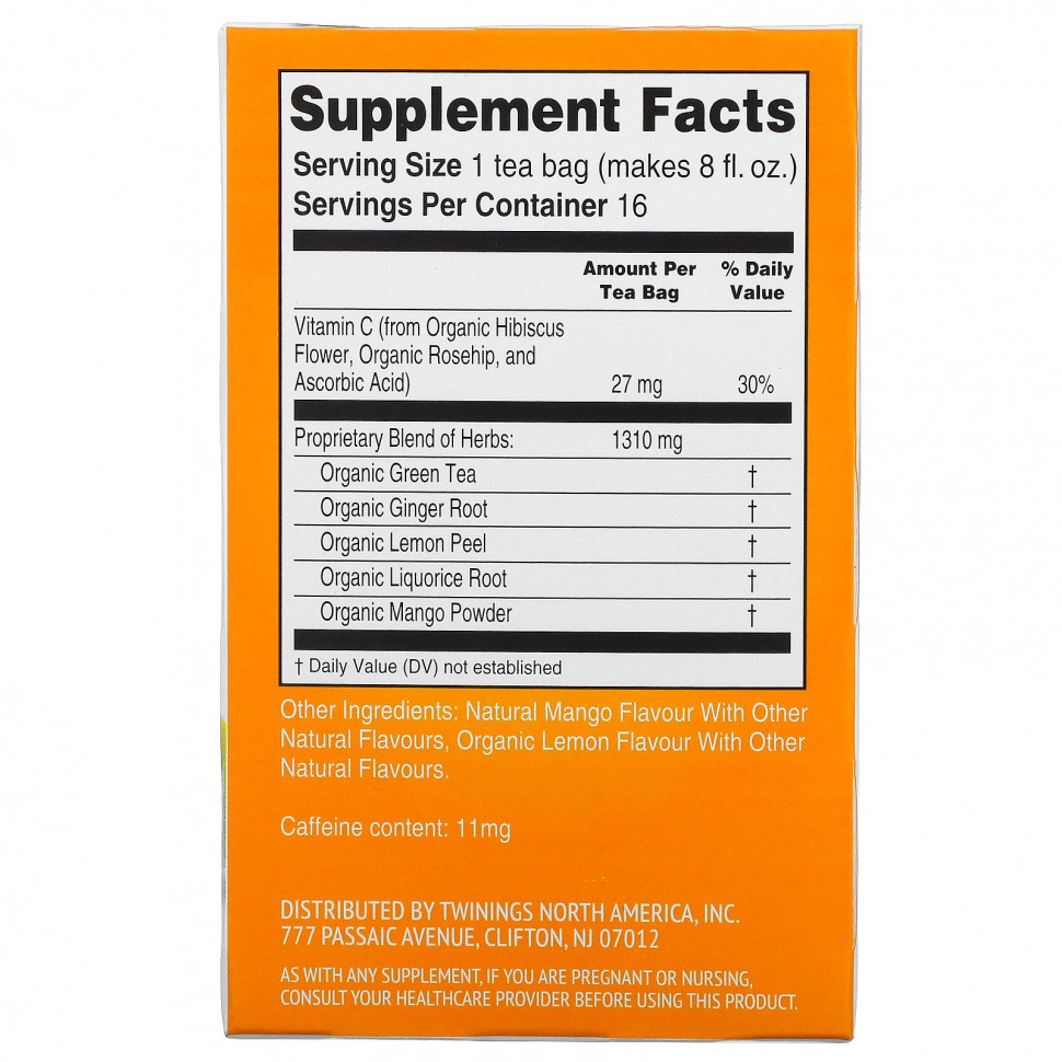 Twinings, Superblends, поддержка иммунитета, с витамином C, зеленым чаем с имбирем и манго, 16 чайных пакетиков, 32 г (1,12 унции) каждый