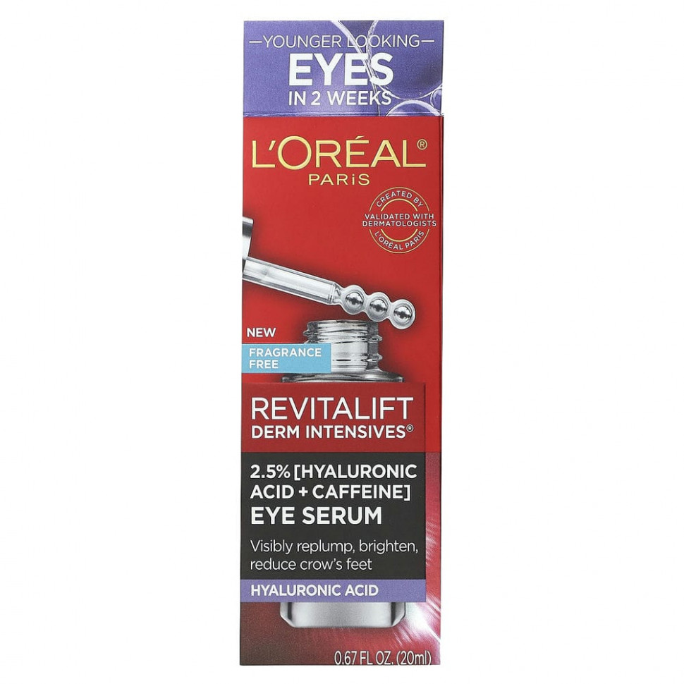L'Oréal, Revitalift Derm Intensives, 2,5% [гиалуроновая кислота + кофеин] сыворотка для кожи вокруг глаз, без отдушек, 20 мл (0,67 жидк. Унции)