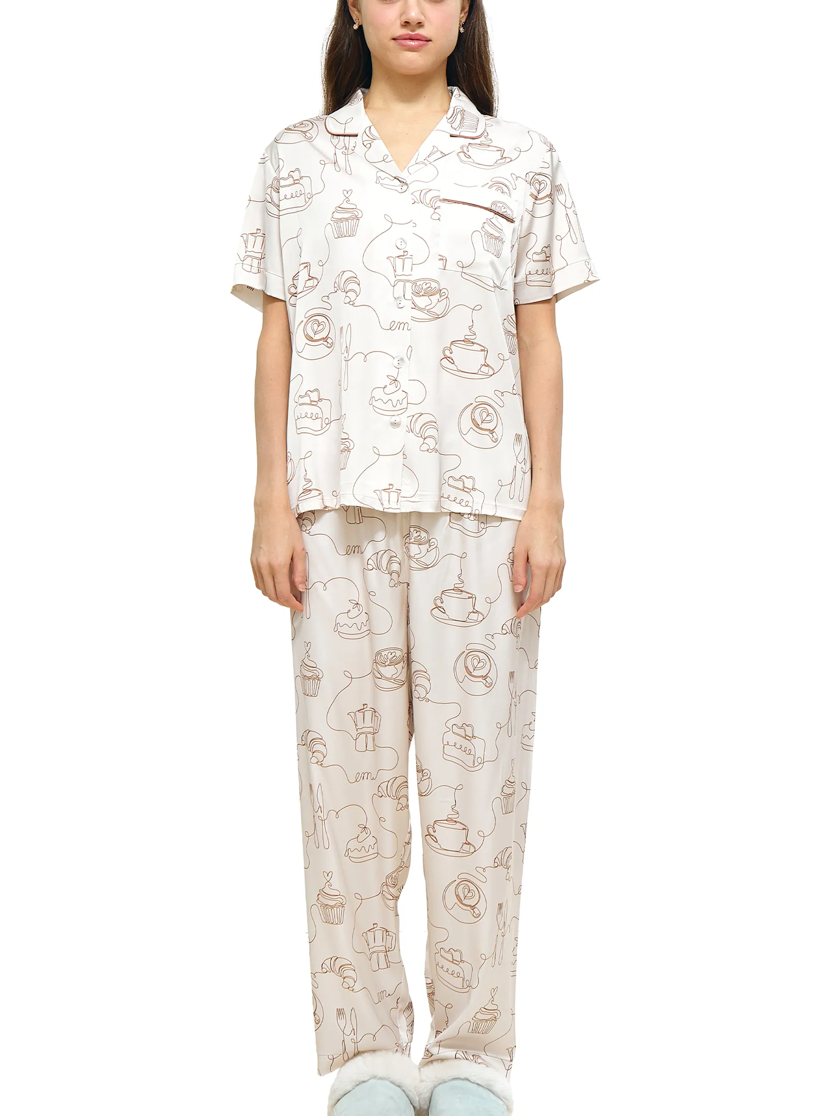 WACOAL Women Sleepwear Collection CAFE  CATION short sleeved, long legged , Coffee Print pattern Beige Size - L