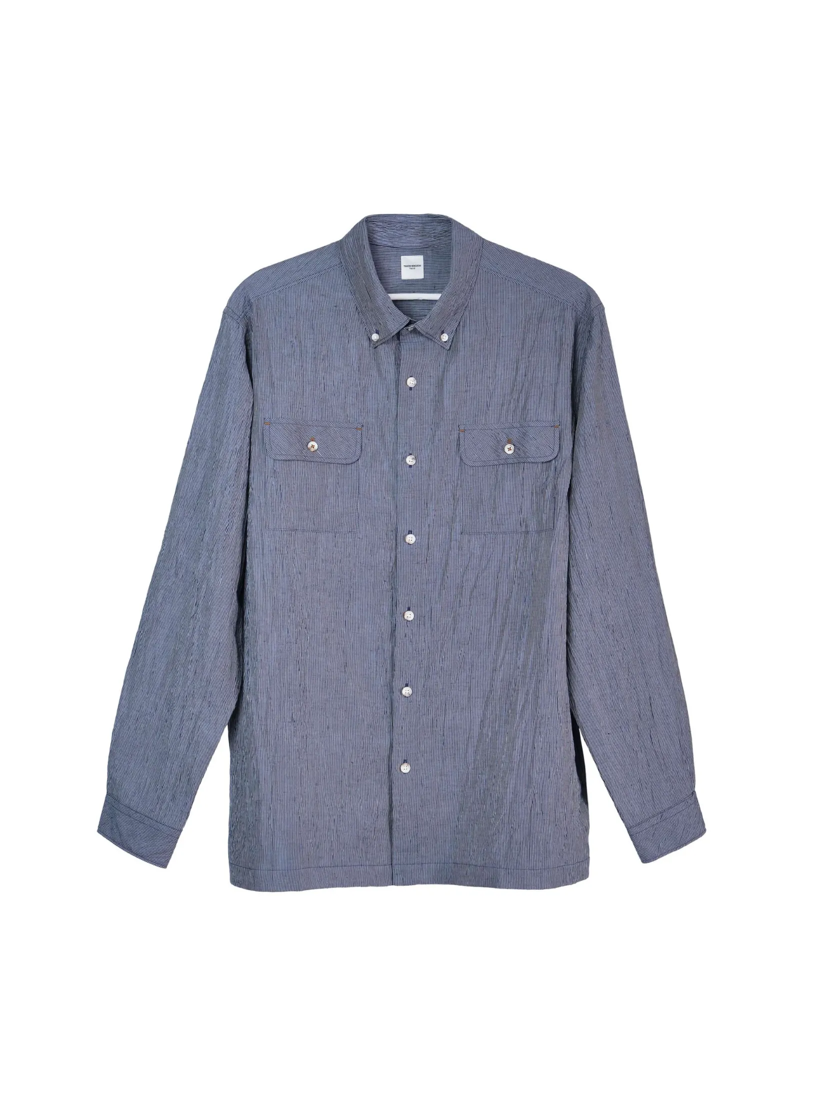 TAKEO KIKUCHI MEN NAVY STRIPE TEXTURED STRIPE CHECK OVERSIZED SHIRT