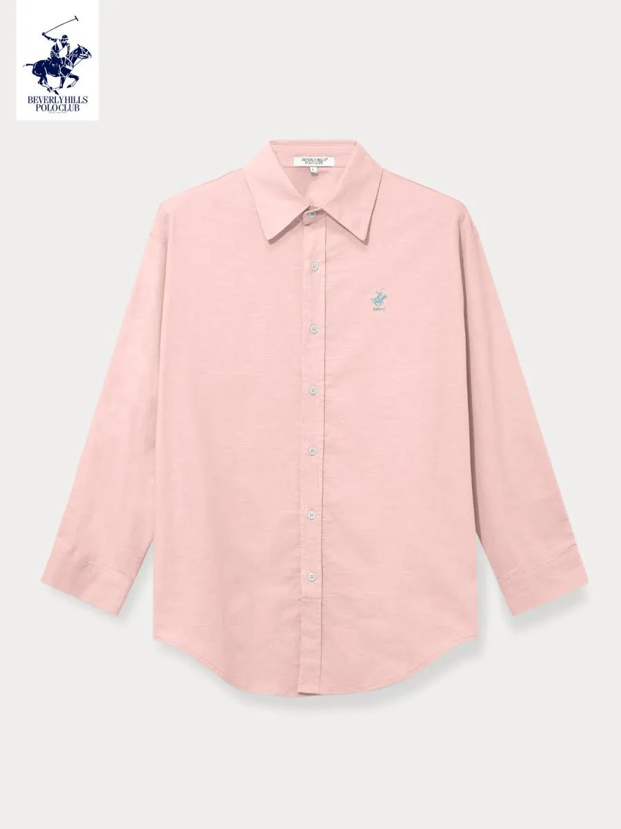 BEVERLY HILLS POLO CLUB Women Cotton Linen Relax Fit Shirt Long Sleeve, Pink Model LH1D002