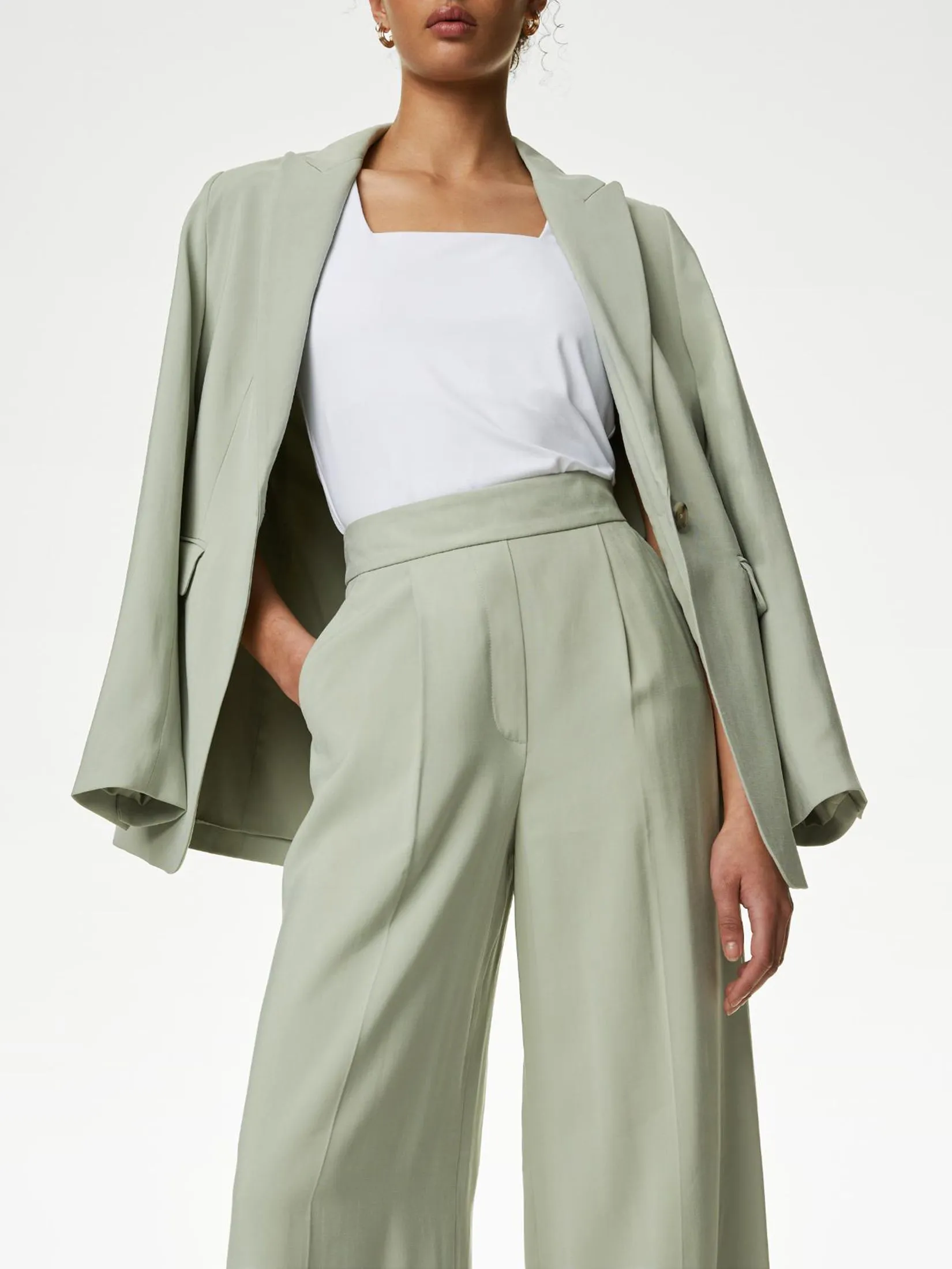 MARKS & SPENCER Women Wide Leg Trousers Pleat Front Soft Green