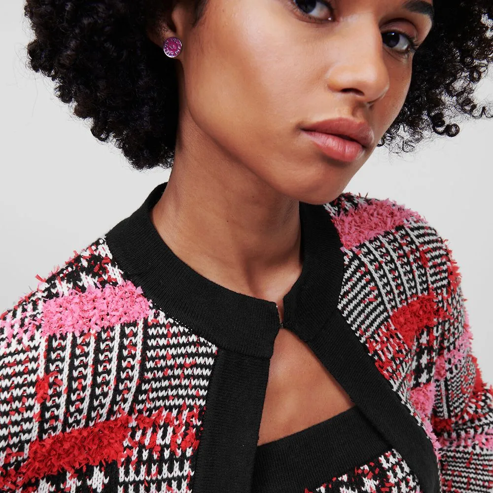 KARL LAGERFELD BOUCLÉ CARDIGAN BOUCLE PINK CHECK