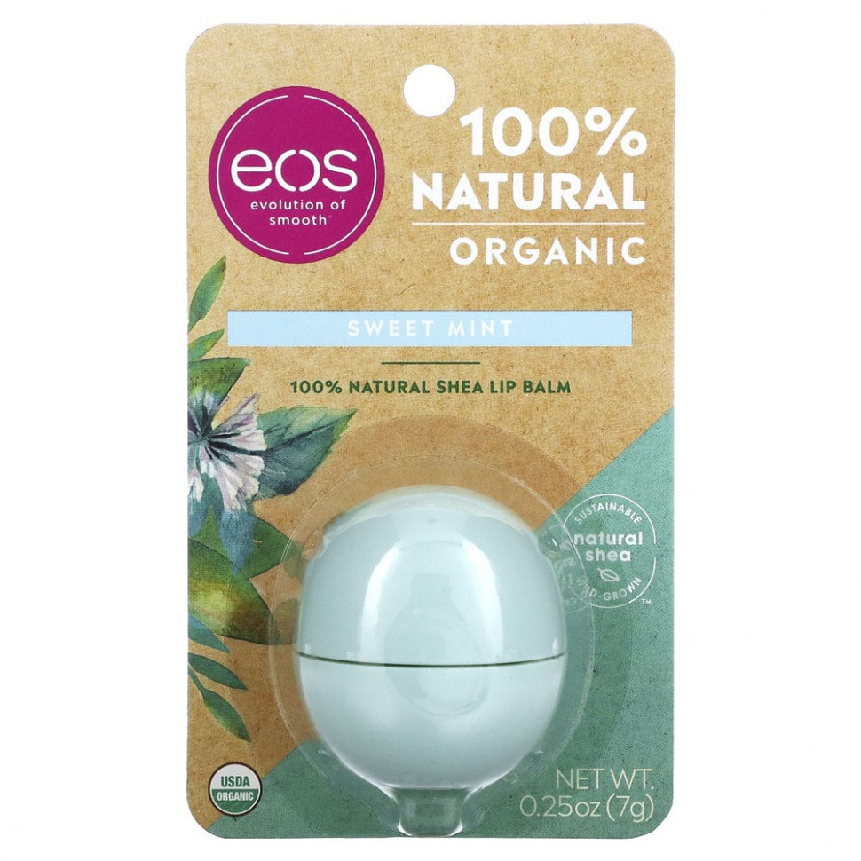 EOS, на 100% органический натуральный бальзам для губ с маслом ши, мята, 7 г (0,25 унции)