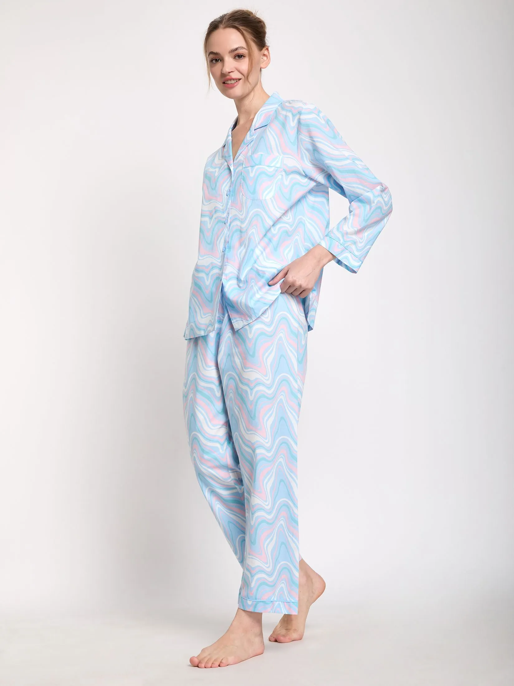 CLAUDIA'S ROMANCE Women Pyjamas Shirt Long Sleeves Hawaiian Collar + Pants Marble Swirl Light Blue