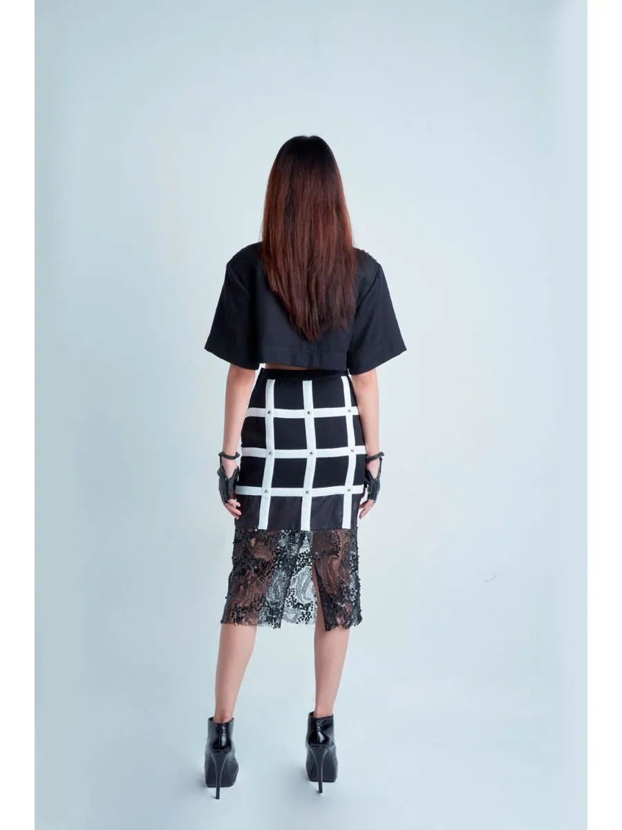 SENADA WOMEN BLACK STUDDED SKIRT WITH SEQUIN LACE