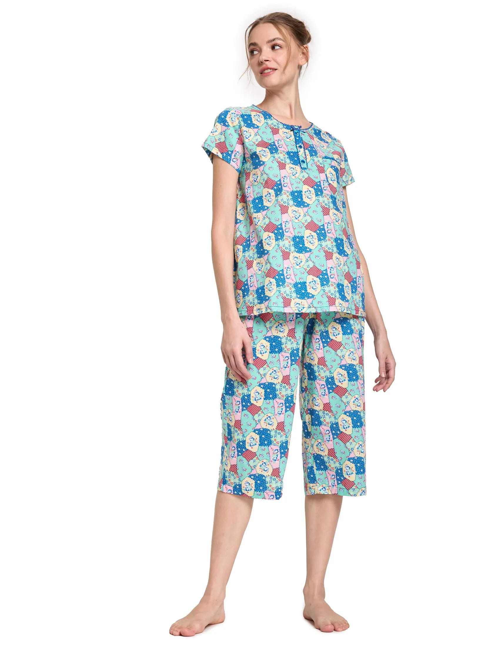 CLAUDIA'S ROMANCE Women Pyjamas Set Top Crew Neck Short Sleeves + Cropped Pants Light Blue