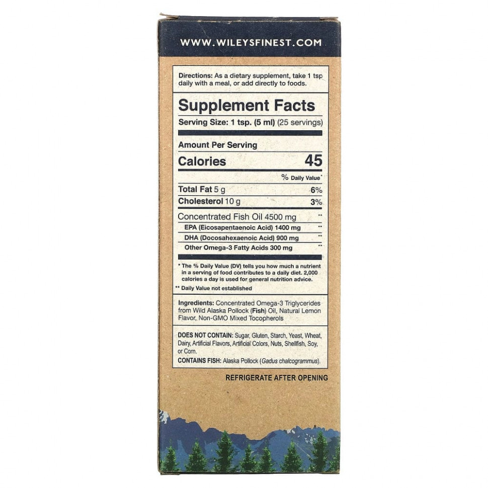 Wiley's Finest, рыбий жир из дикой рыбы Аляски, жидкий, с максимальным содержанием омега-3, натуральный лимонный вкус, 250 мл (8,45 жидк. унции)