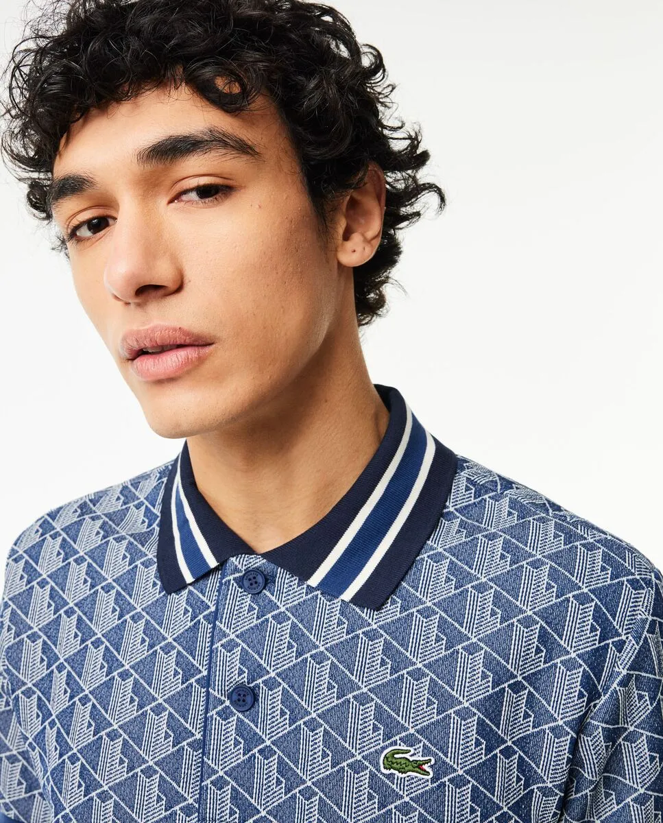 LACOSTE Navy Blue Classic Fit Contrast Collar Monogram Motif Polo Shirt