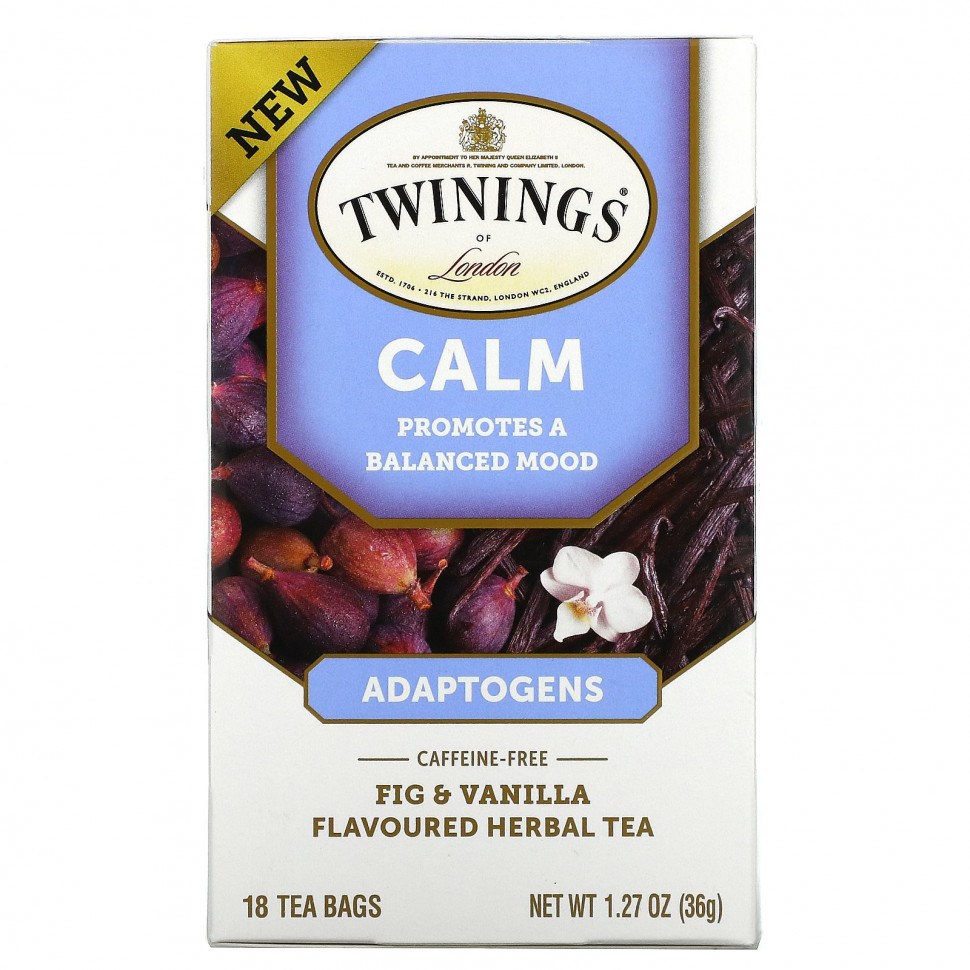 Twinings, Calm, адаптогены, травяной чай со вкусом инжира и ванили, без кофеина, 18 чайных пакетиков, 36 г (1,27 унции)