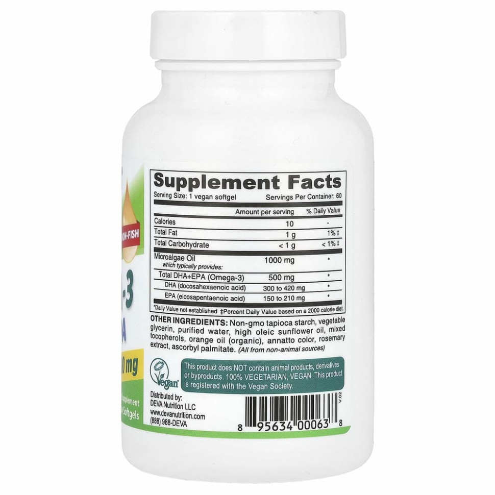 Deva, Веганские омега-3 DHA-EPA, 500 мг, 60 веганских мягких таблеток