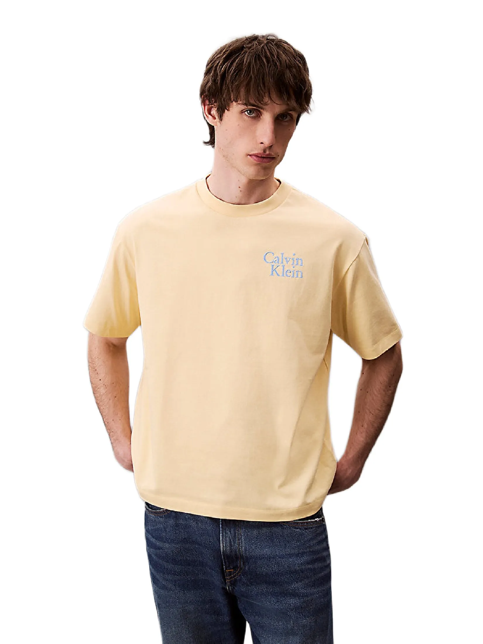 CALVIN KLEIN Men s Relaxed Fit Resort Logo Short Sleeve T-Shirt Light yellow
