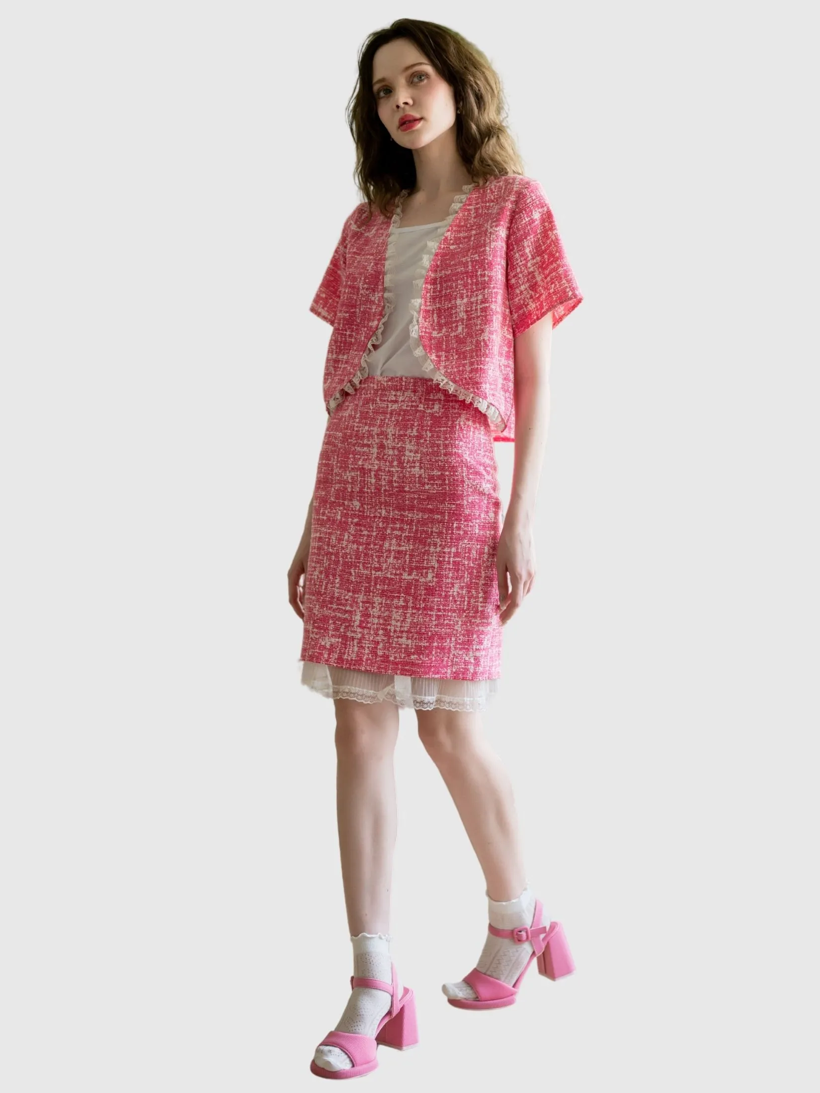 AMILA Women Jacket Short Sleeves Suiting Tweed T Pink