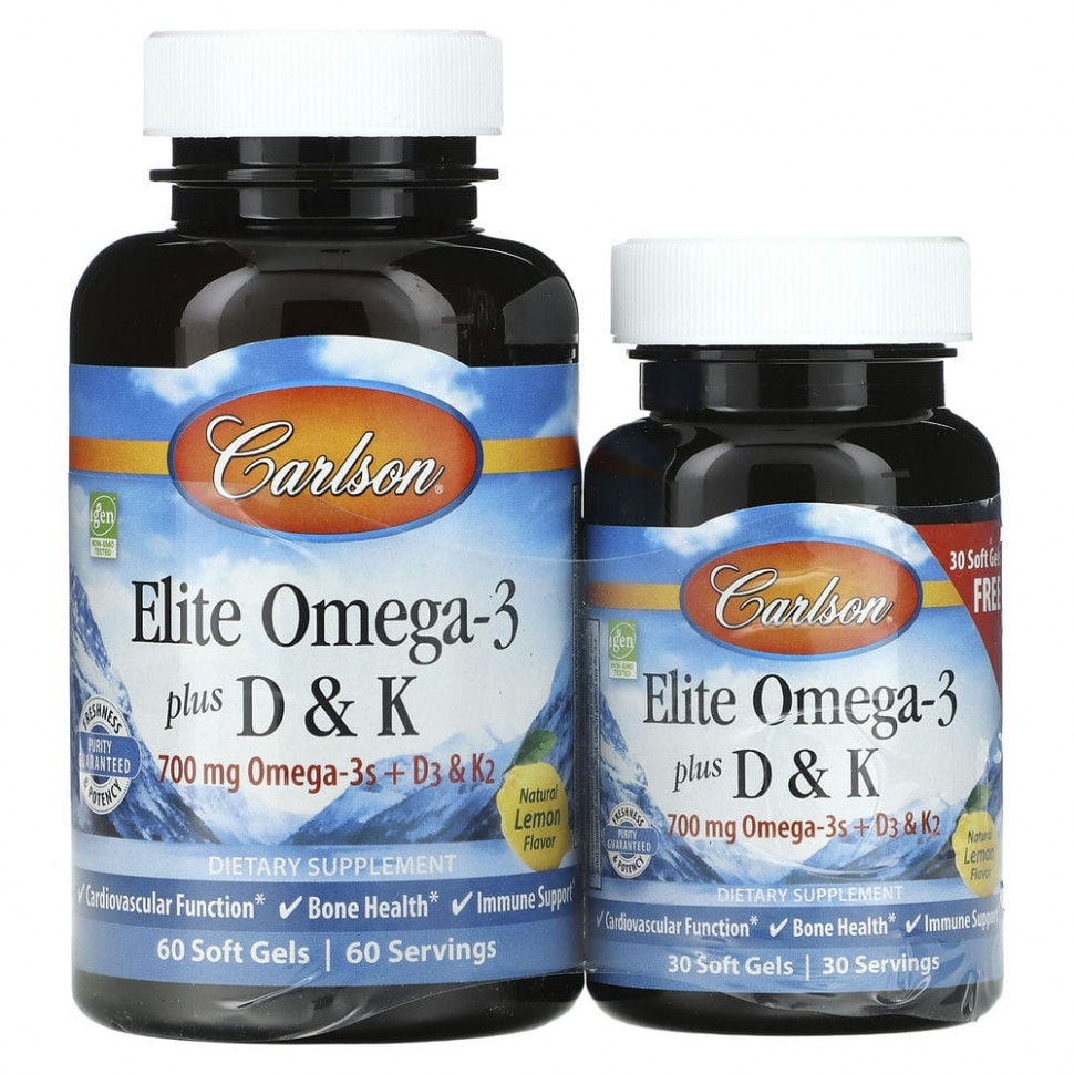Carlson Labs, Elite Omega-3 с витаминами D и K, натуральный лимонный вкус, 60 (+ 30 бонусных) мягких капсул - CAR-17540-1600 мг | 240 шт.
