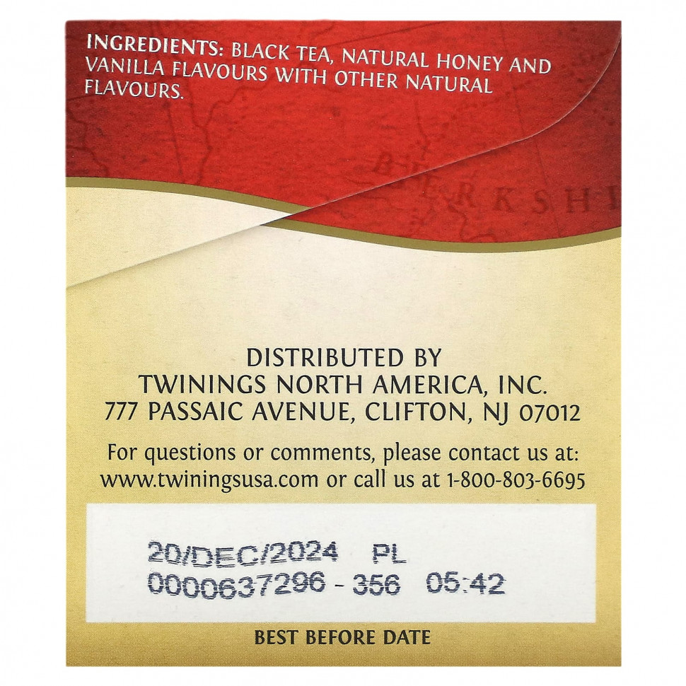 Twinings, English Breakfast, черный чай, мед и ваниль, 20 чайных пакетиков 40 г (1,41 унции)