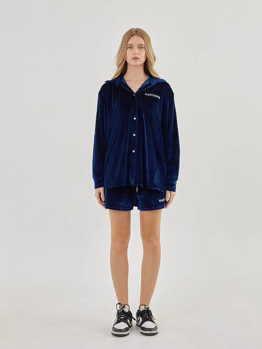 NAPIYONG Women Velvet Shorts in Navy