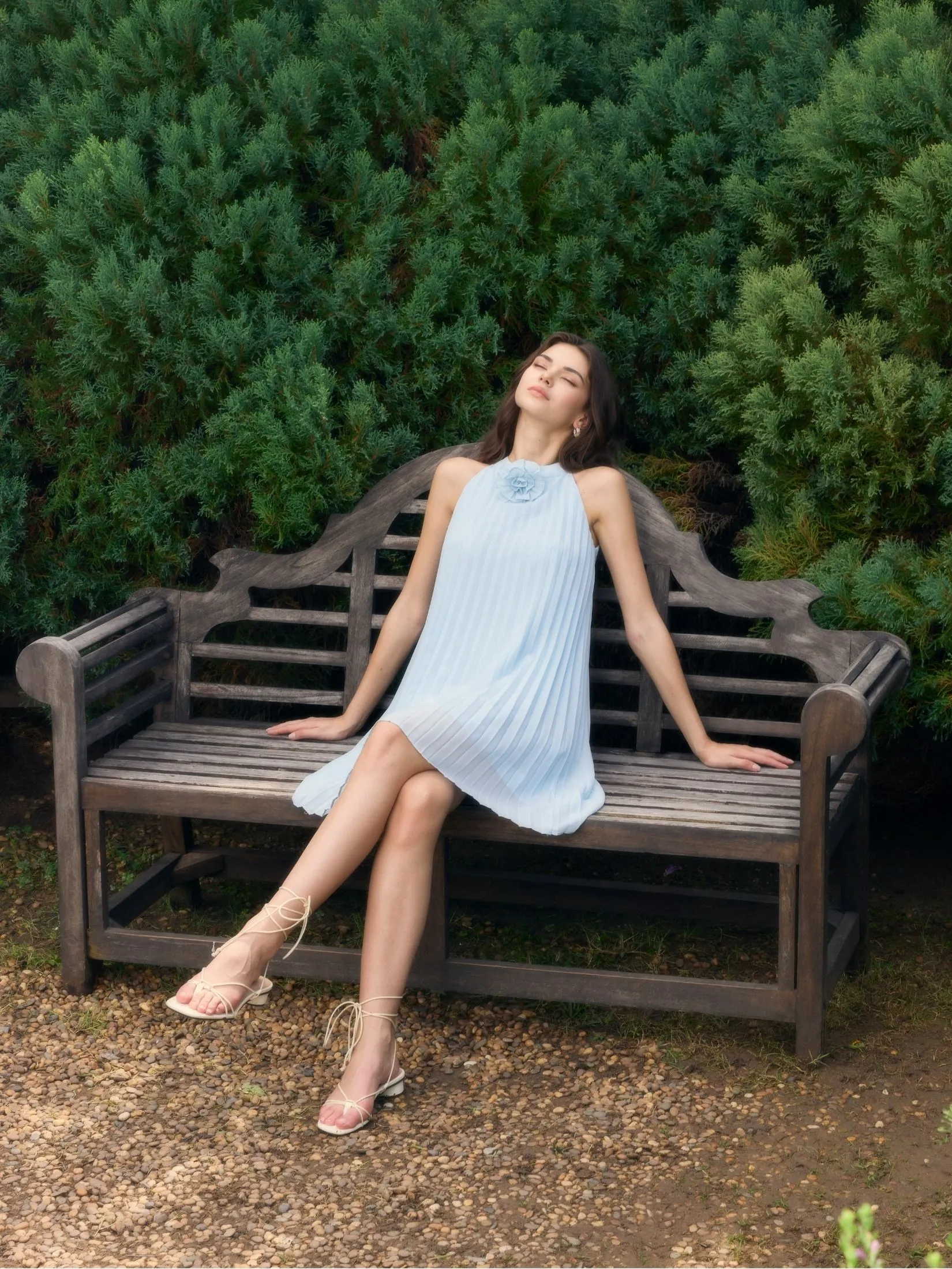 JEUNE STYLE Sleeveless Pleated Dress Women Blue