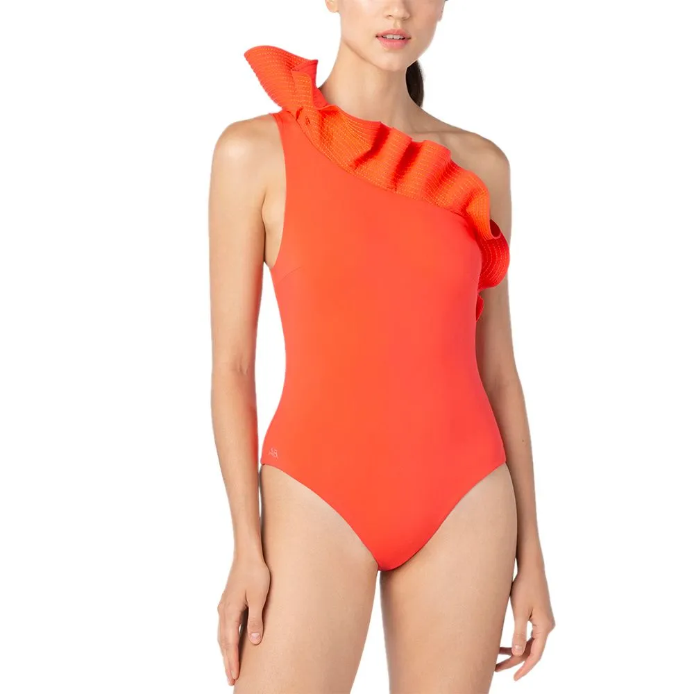 ANGELYS BALEK Orange One Shoulder Ruffle Women Swimsuit