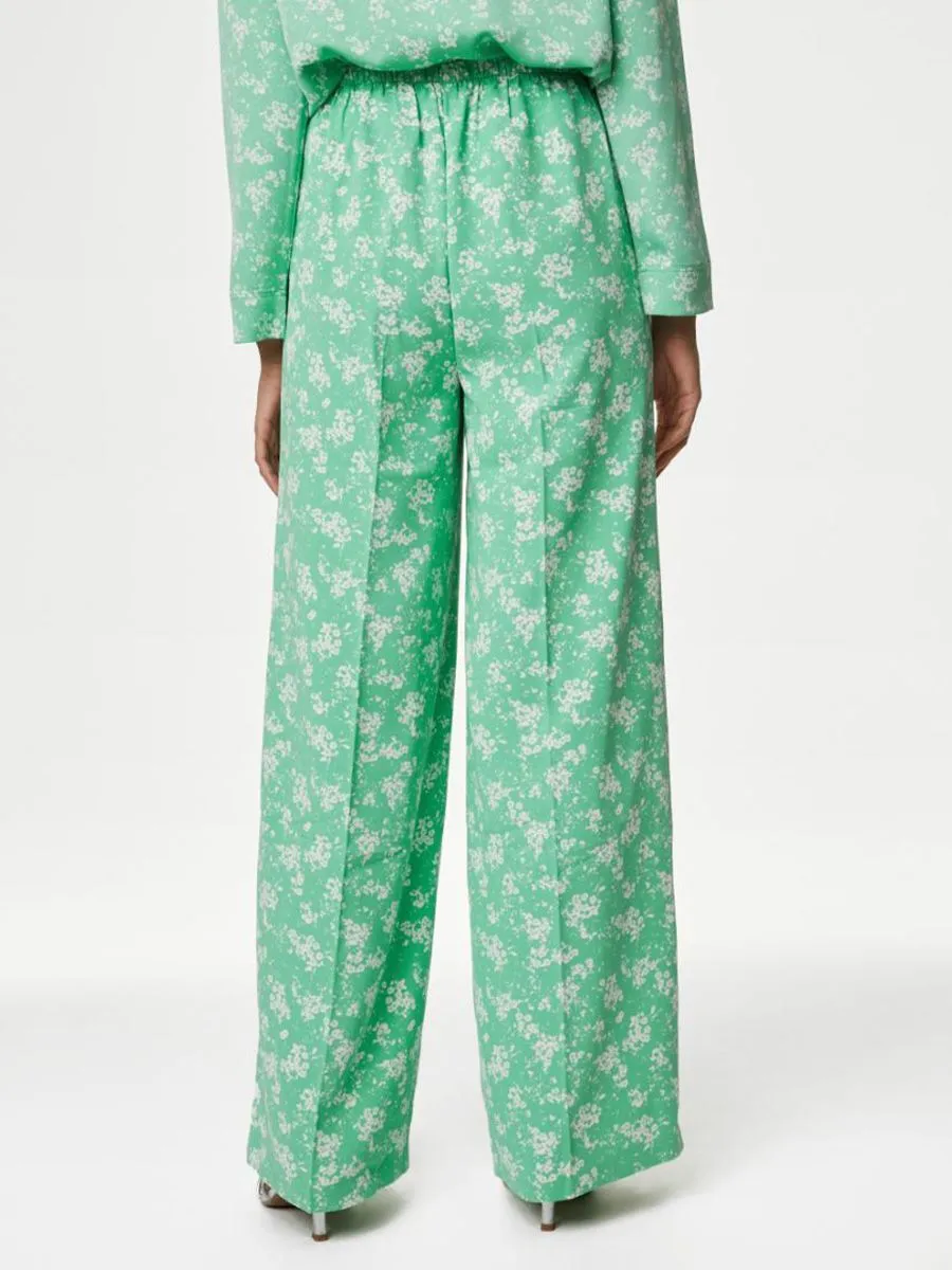 MARKS & SPENCER Women Trousers Floral Drawstring Wide Leg Green Mix