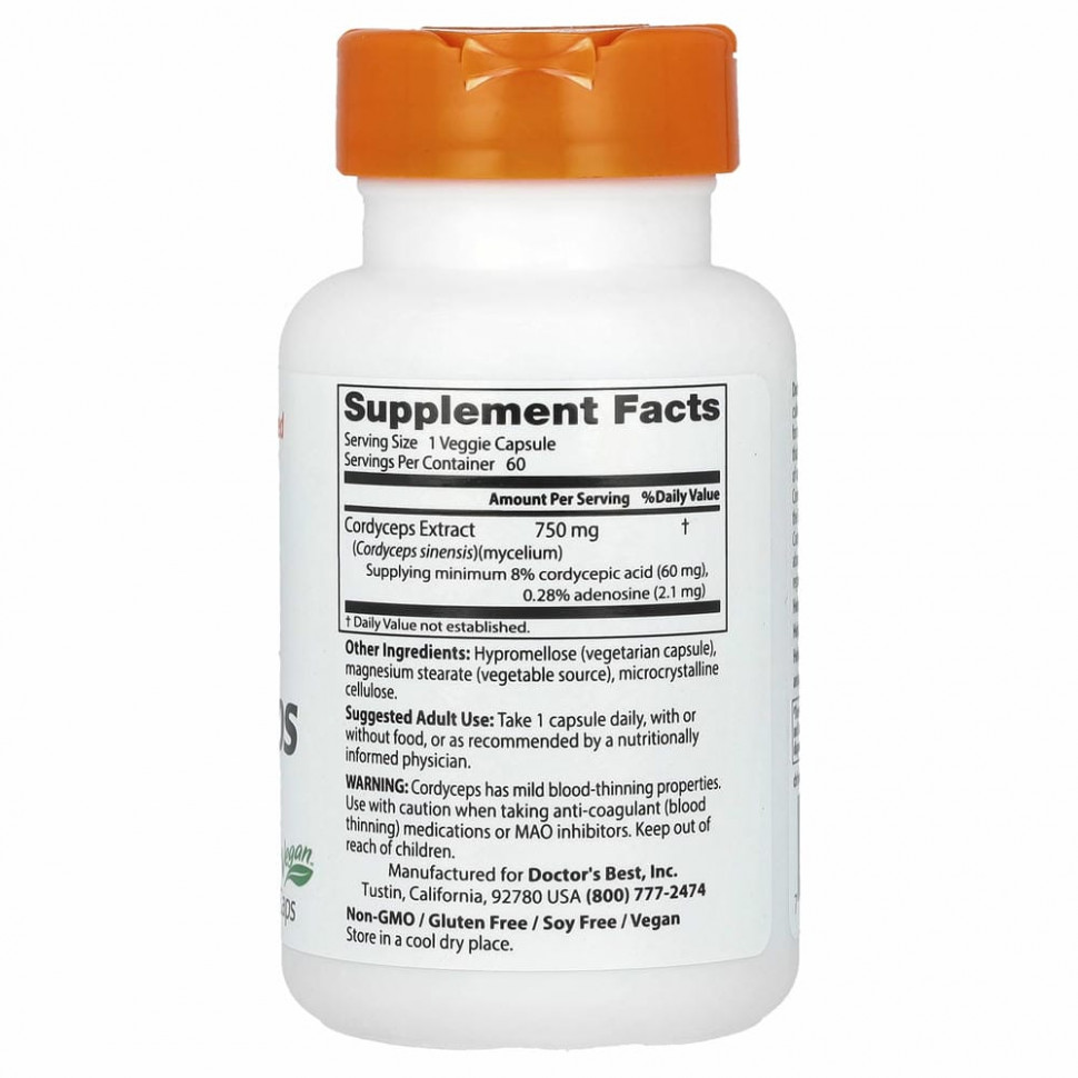 Doctor's Best, ультра кордицепс, 750 мг, 60 вегетарианских капсул