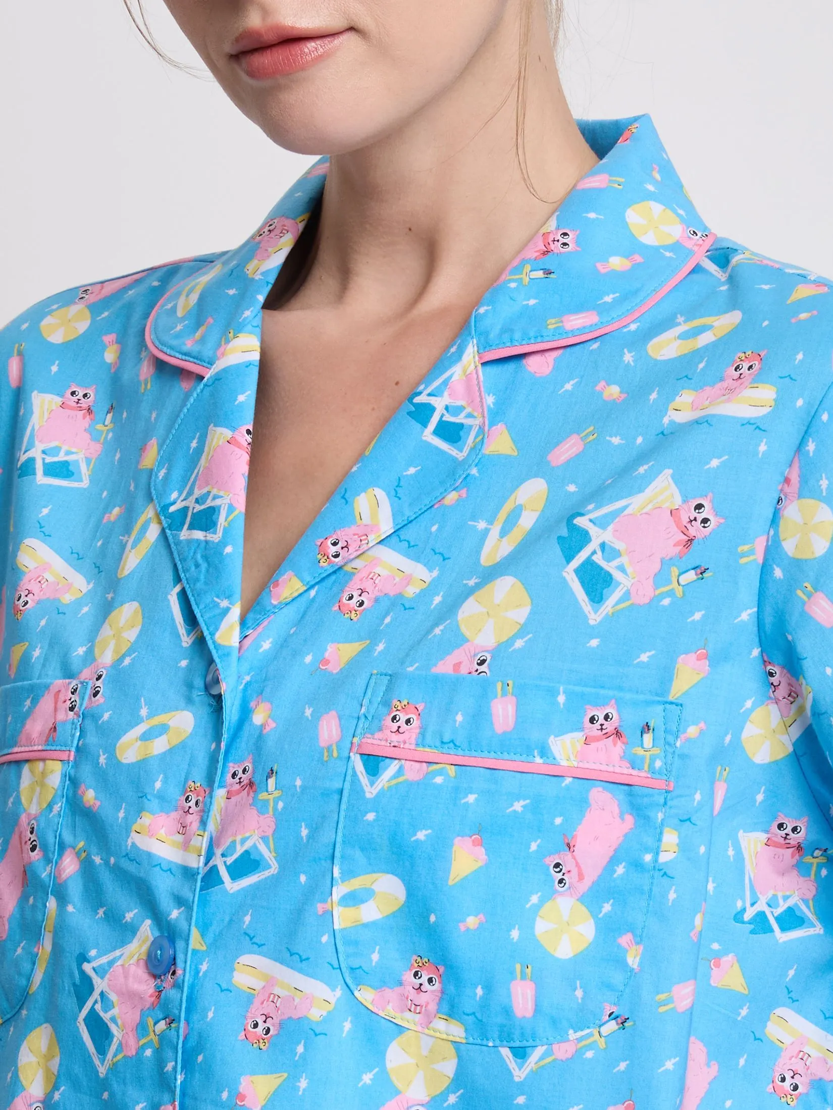 FOF Women Night Dress Cat Print Blue