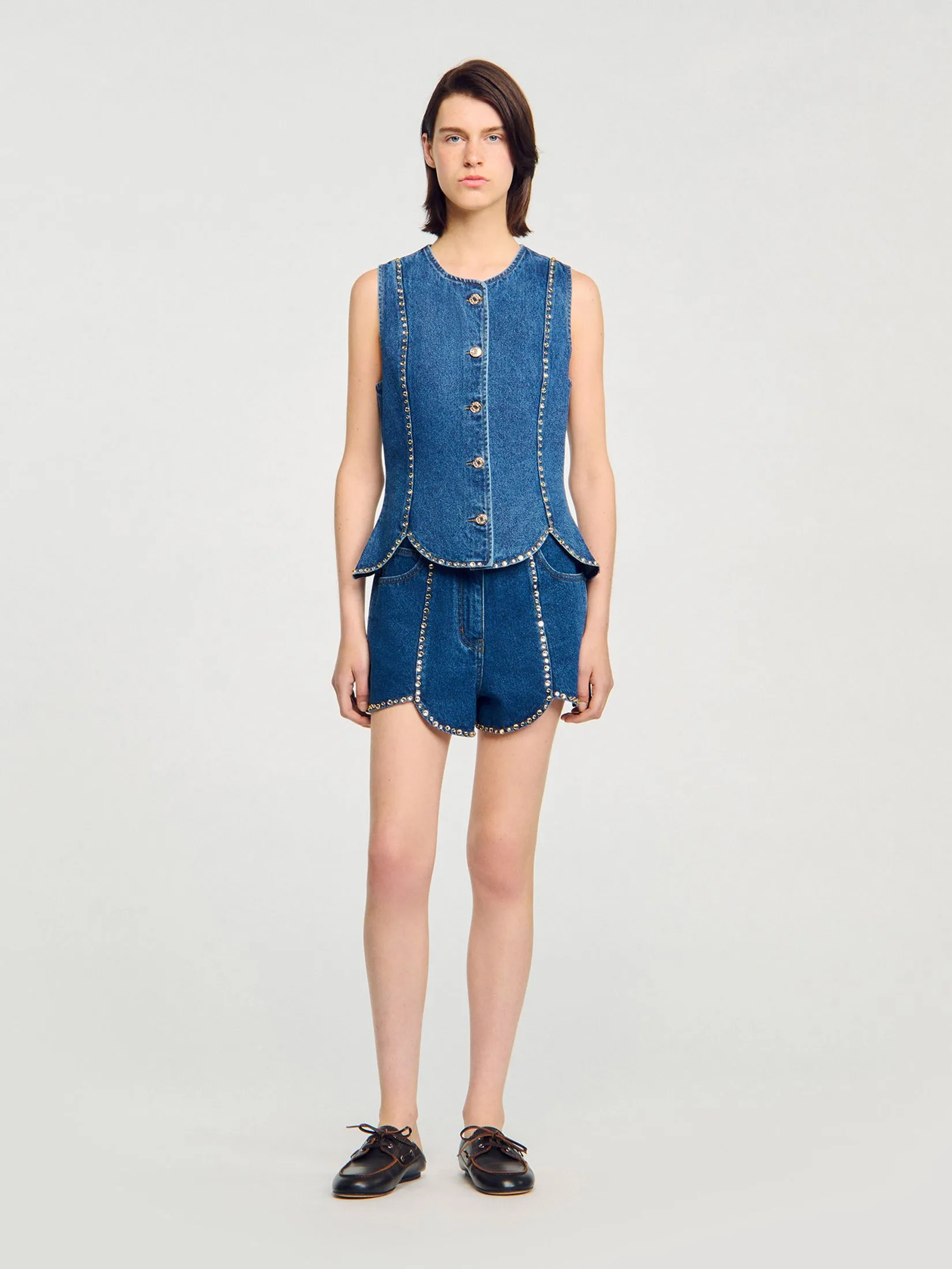 SANDRO Rhinestone Denim Top