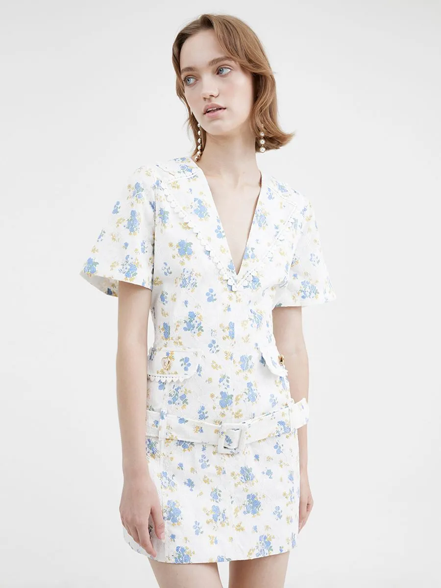 KLOSET (RS23)Flowers Lace Front Pockets Dress With Belt Blue