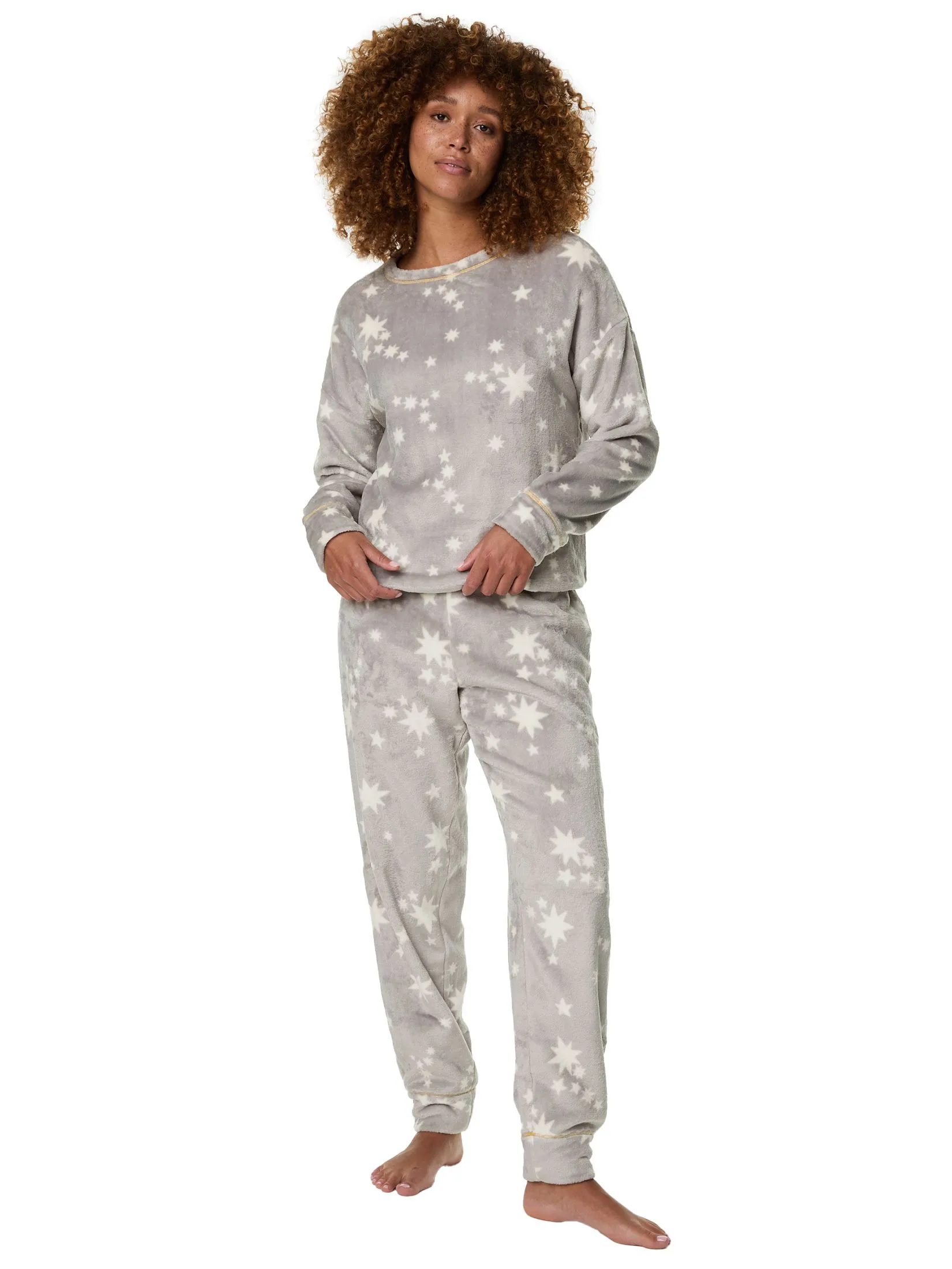 MARKS & SPENCER Women Pyjama Set Fleece Printed Silver