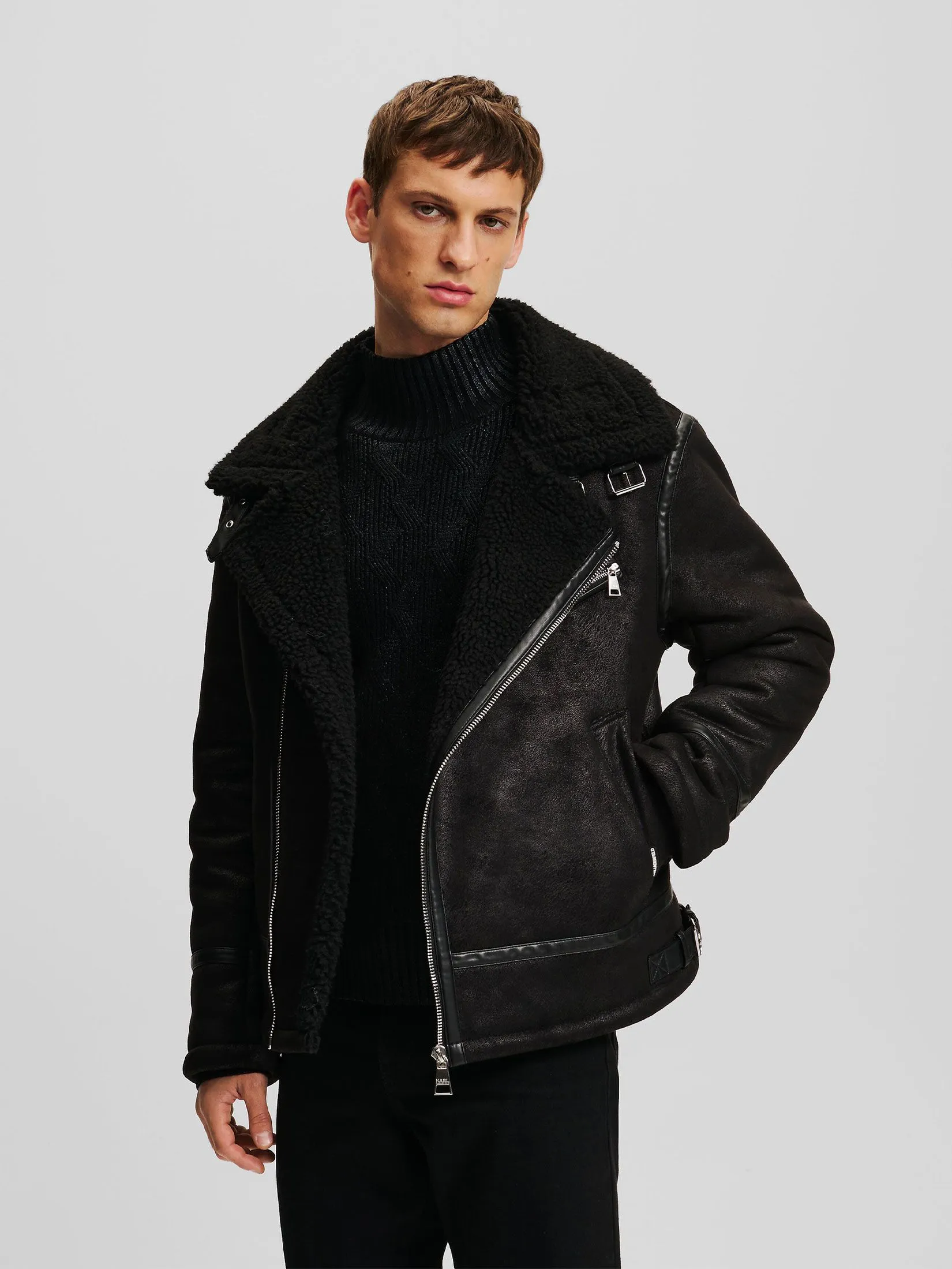 KARL LAGERFELD FAUX LEATHER SHEARLING JACKET BLACK