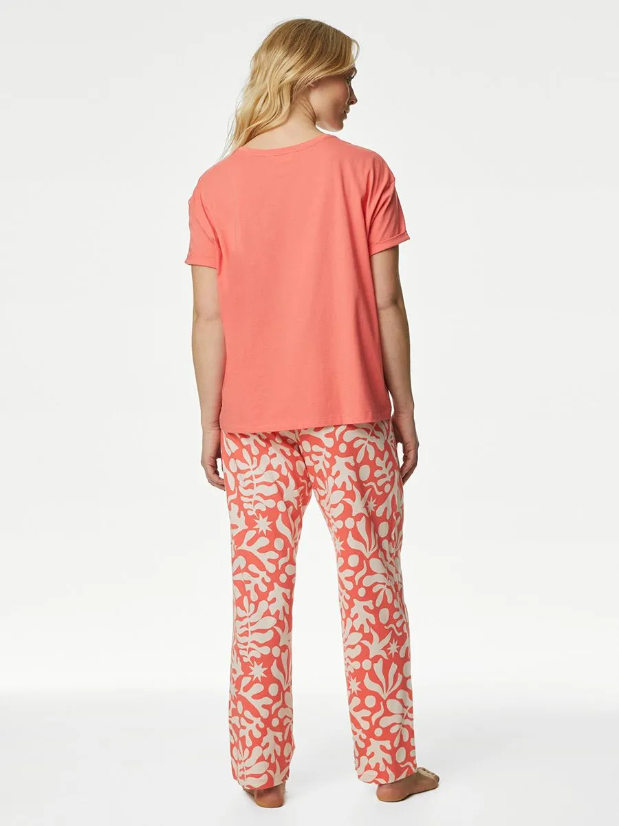 MARKS & SPENCER Women Pyjama Set Pure Cotton Good Morning Printed Coral