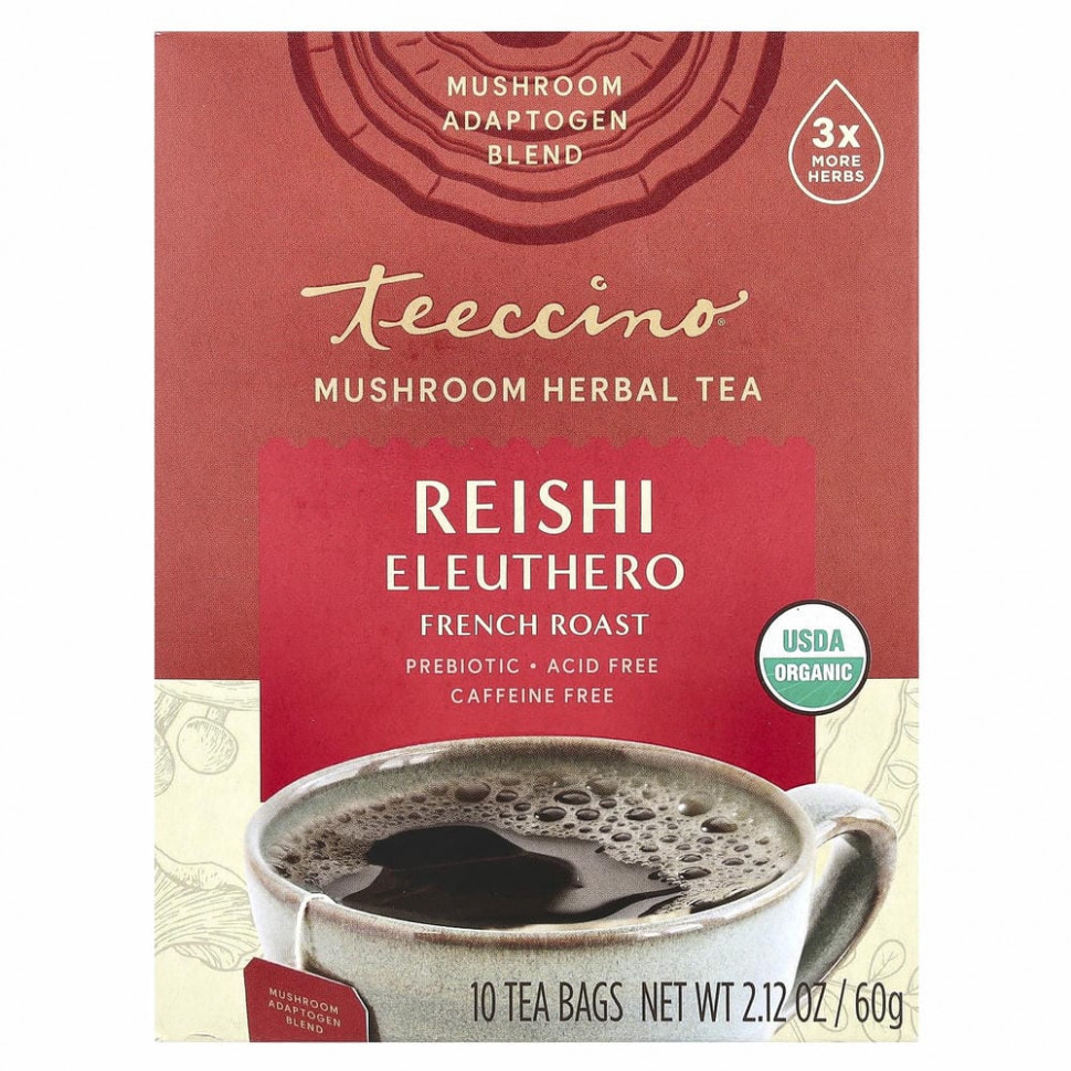 Teeccino, Mushroom Herbal Tea, Organic Reishi Eleuthero, French Roast, Caffeine Free, 10 Tea Bags, 2.12 oz (60 g)