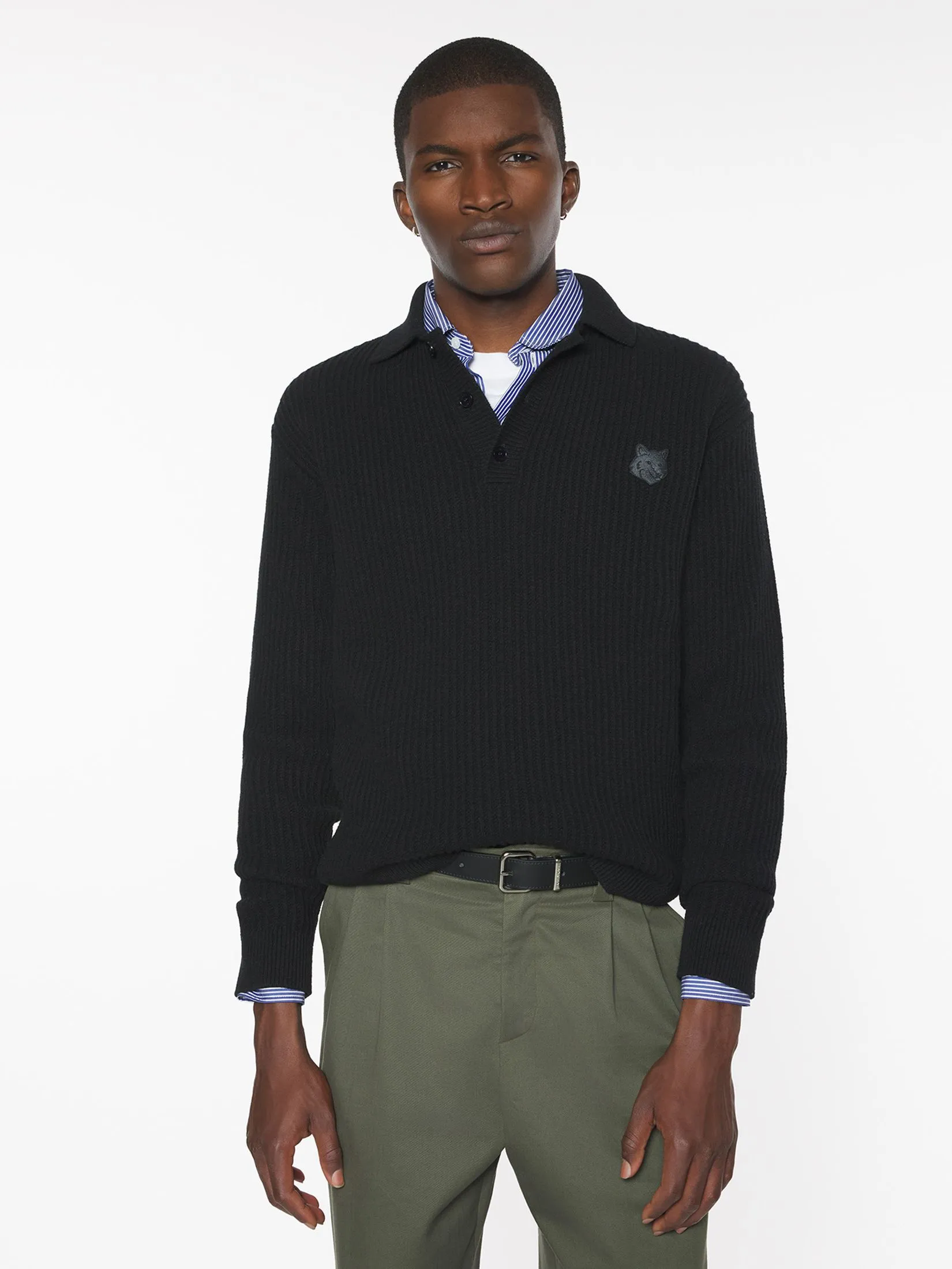 MAISON KITSUNÉ Men Polo Jumper Fox Head Wool Ribbed