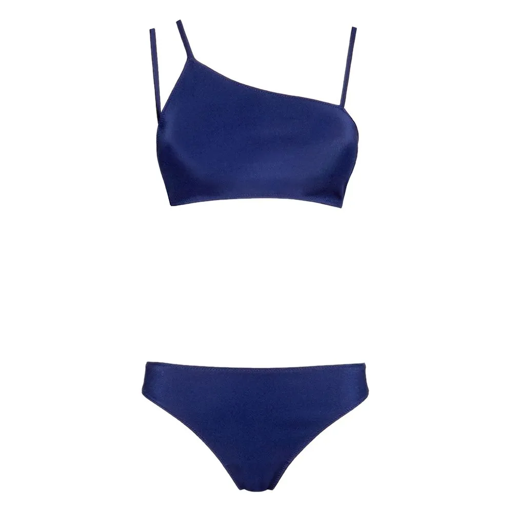 ANGELYS BALEK Blue Free Form One Shoulder Cutout Bikini & High Waist Brief Women Swimsuit