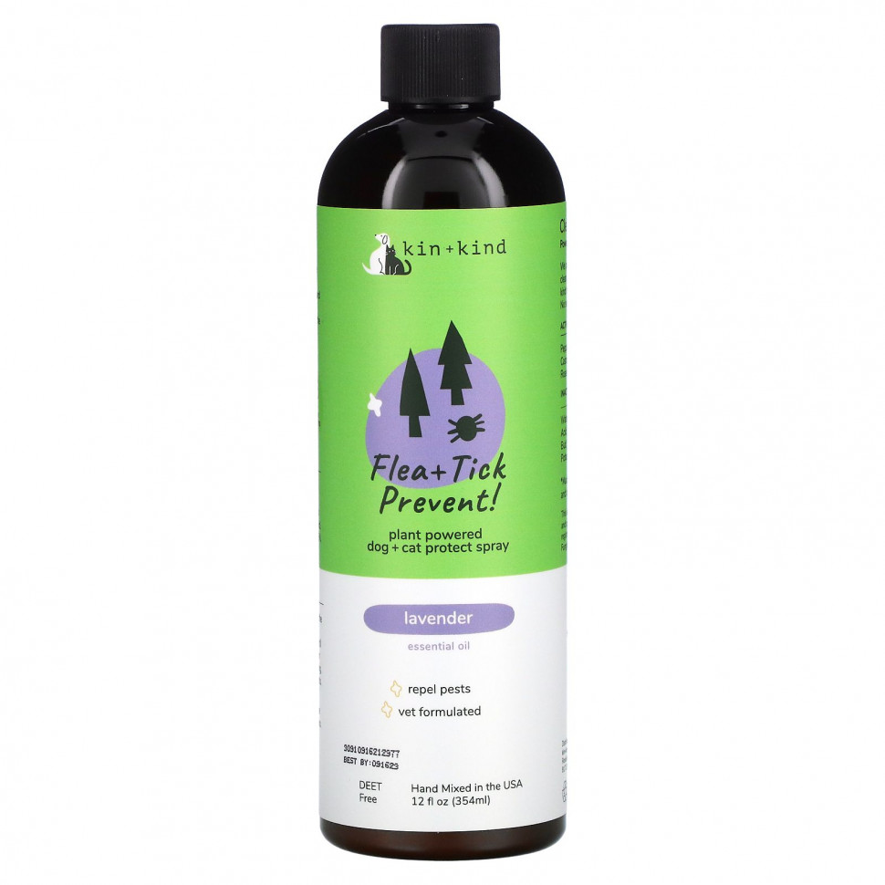 Kin+Kind, Защита от блох и клещей, спрей для защиты собак и кошек, лаванда, 12 жидких унций (354 мл)