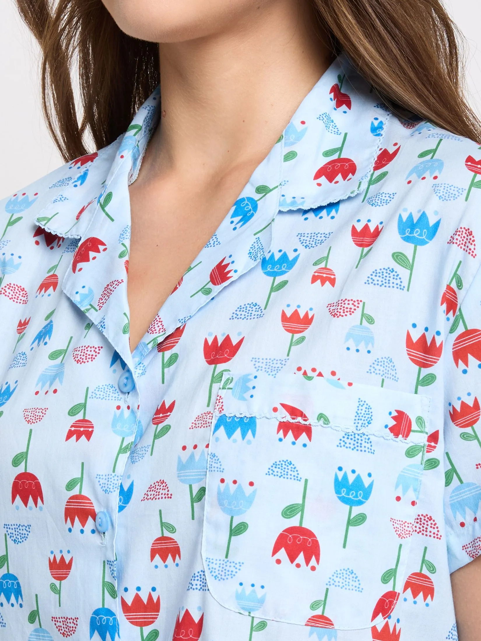 CLAUDIA'S ROMANCE Women Pyjamas Hawaii Shirt Short Sleeves + Cropped Pants Print Light Blue