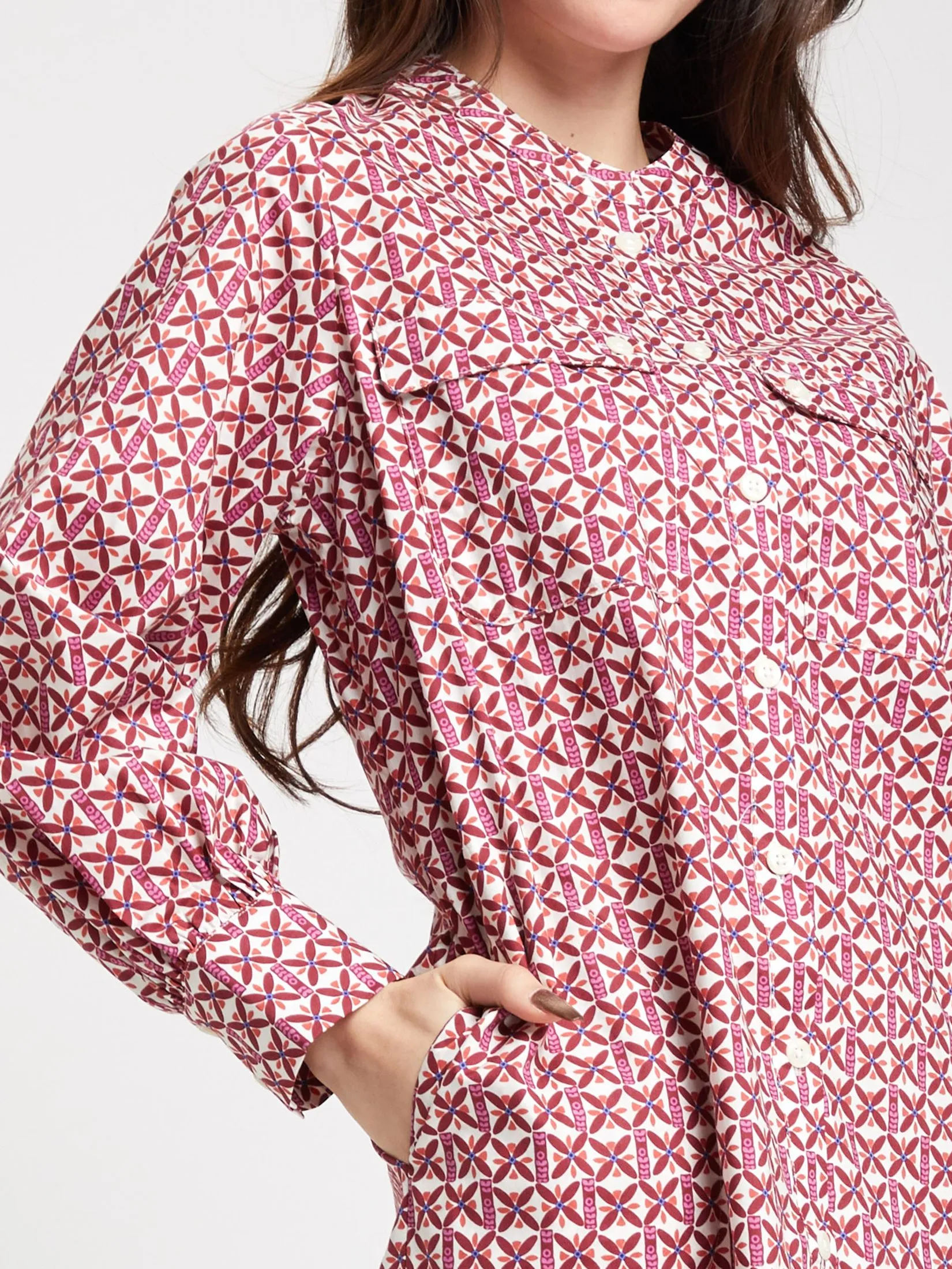 ALUMNUS Women Dress Long Sleeves Collar Two Pockets on Chest Print Burgundy