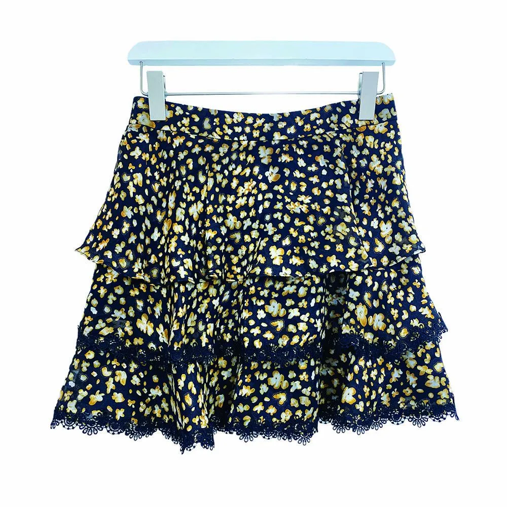 JESSICA BLACK/BROWN TINY FLORAL CHIFFON MINI LAYERS SKIRT