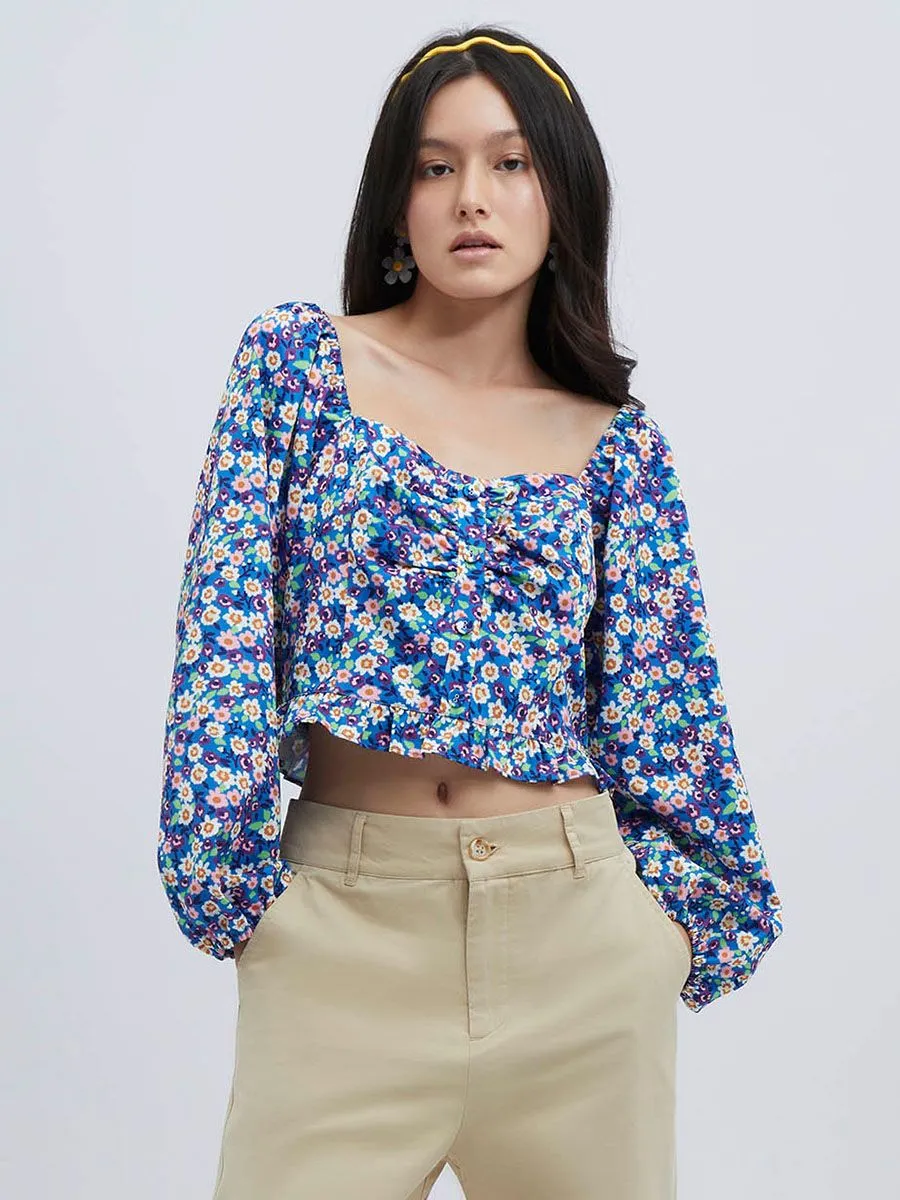 ESP Puff Sleeve Floral Print Blouse Women Mid Blue Size - L