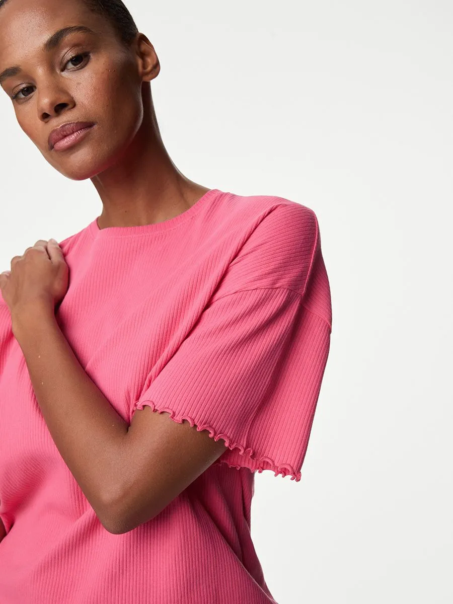 MARKS & SPENCER Women Top Cotton Rich Ribbed Drawstring Lounge Sakura