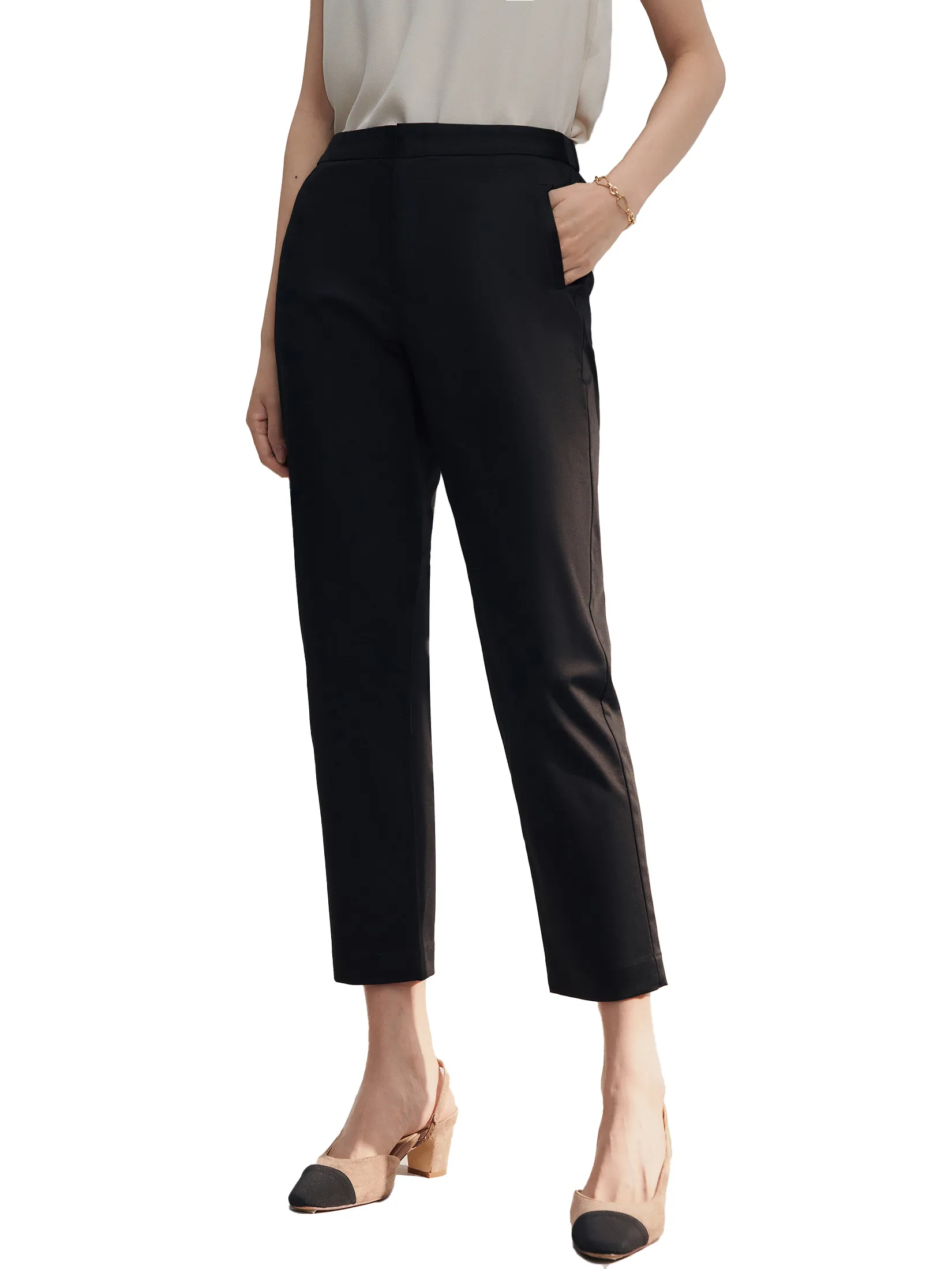 G2000 Women Clothing Cotton Blend Spandex Satin Casual Pants W/ Elastic Waistband Cropped Cigarette Shape - Black