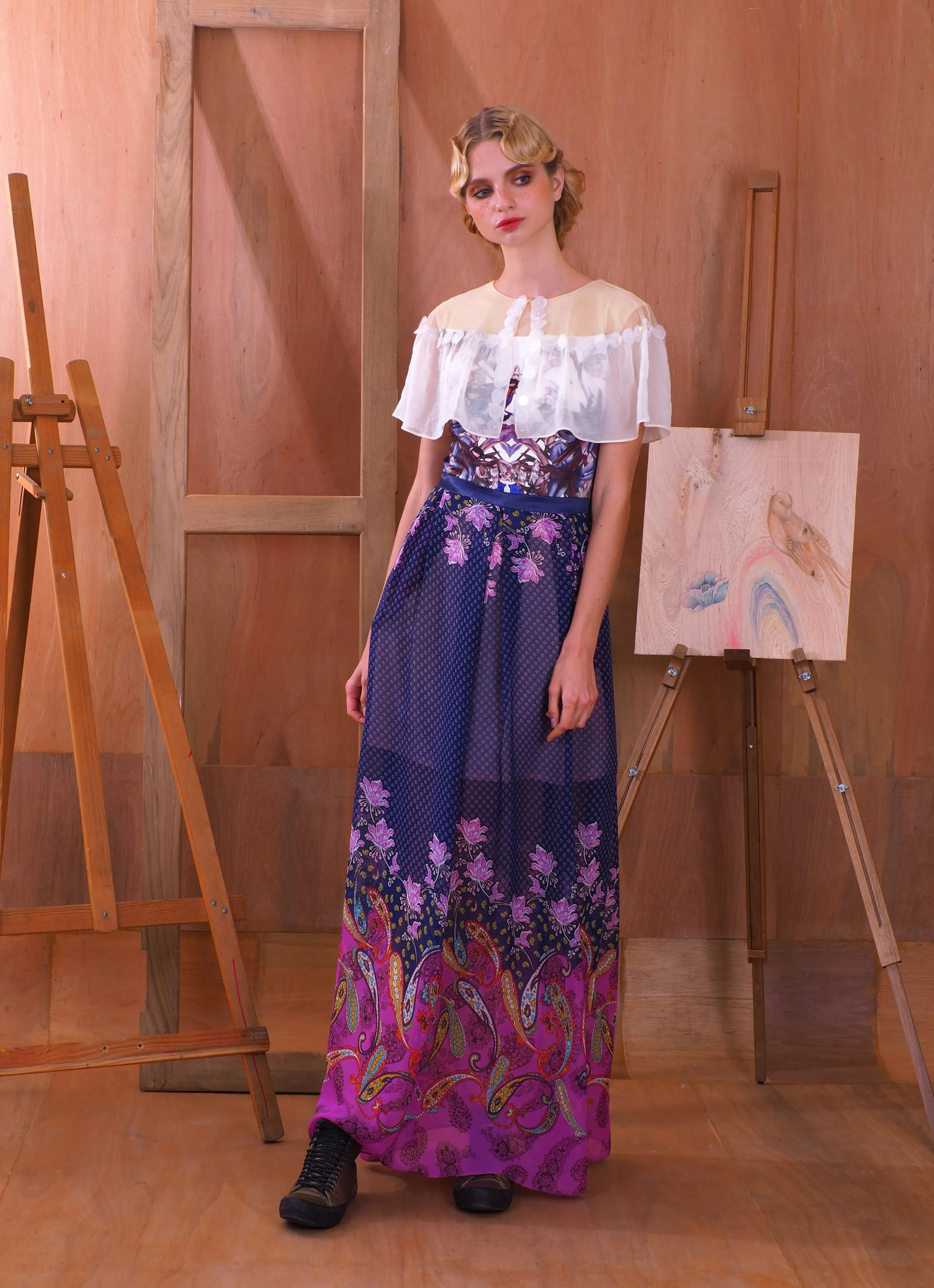PEDZ Purple Pedz Aesthetic Birds Under Shawl Maxi Dress
