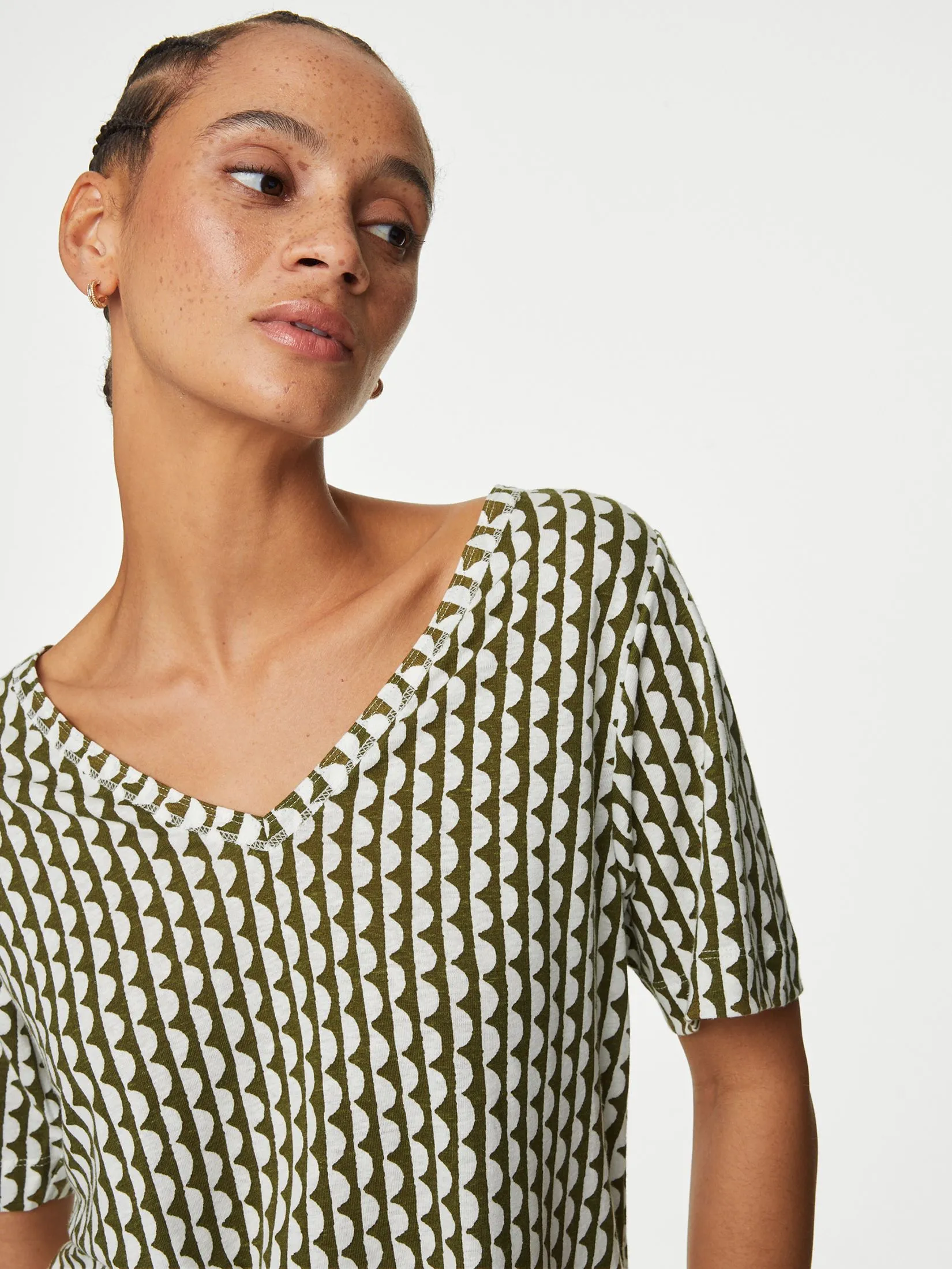 MARKS & SPENCER Women Top V-Neck Linen Blend Printed Khaki Mix