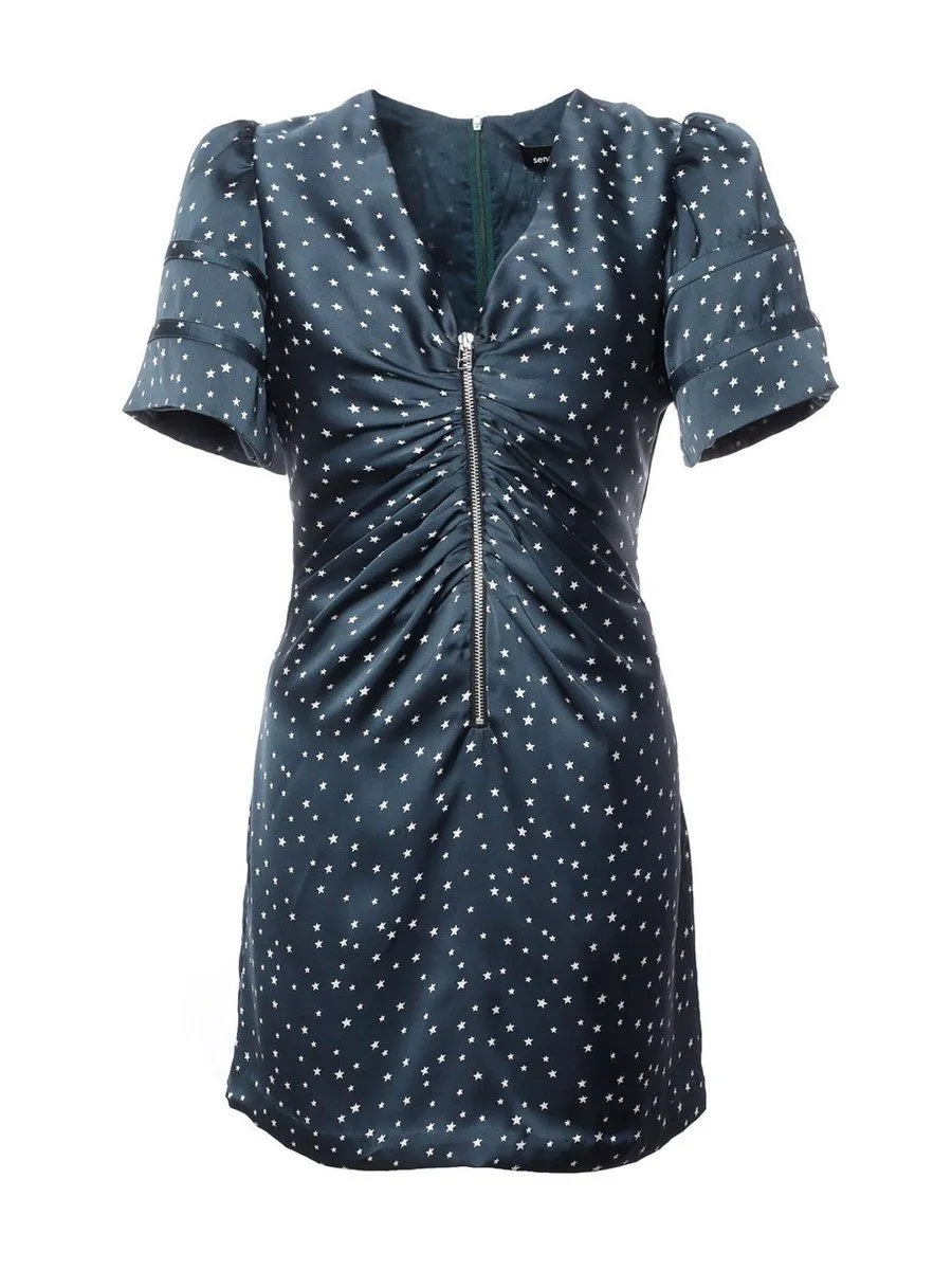 SENADA WOMEN FRONT ZIPPER DEEP GREEN STARS MINI DRESS Size - 38 EU