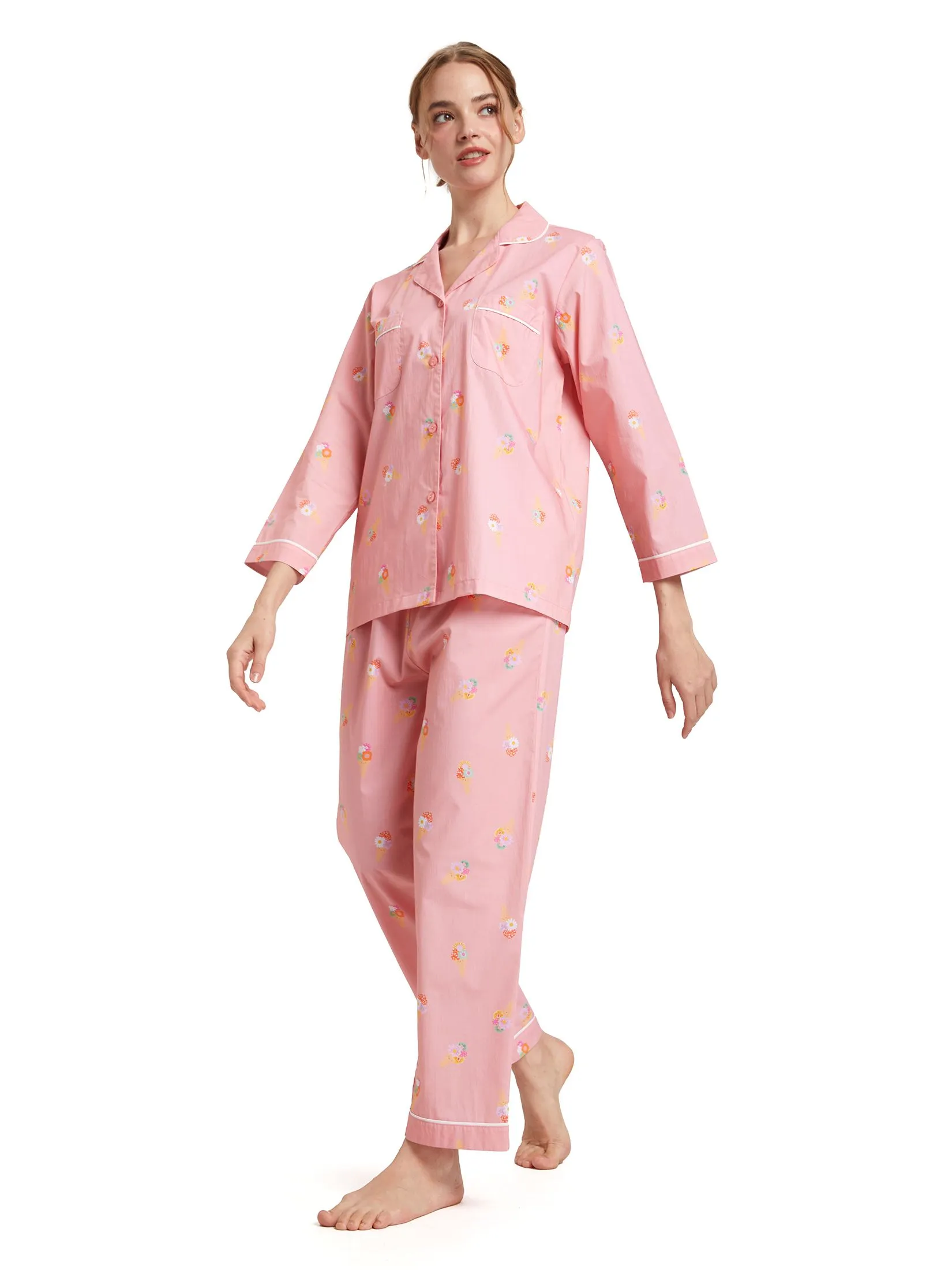 FOF Women Pyjamas Shirt Long Sleeves Collar Neck + Pants Ice Cream Print Pink