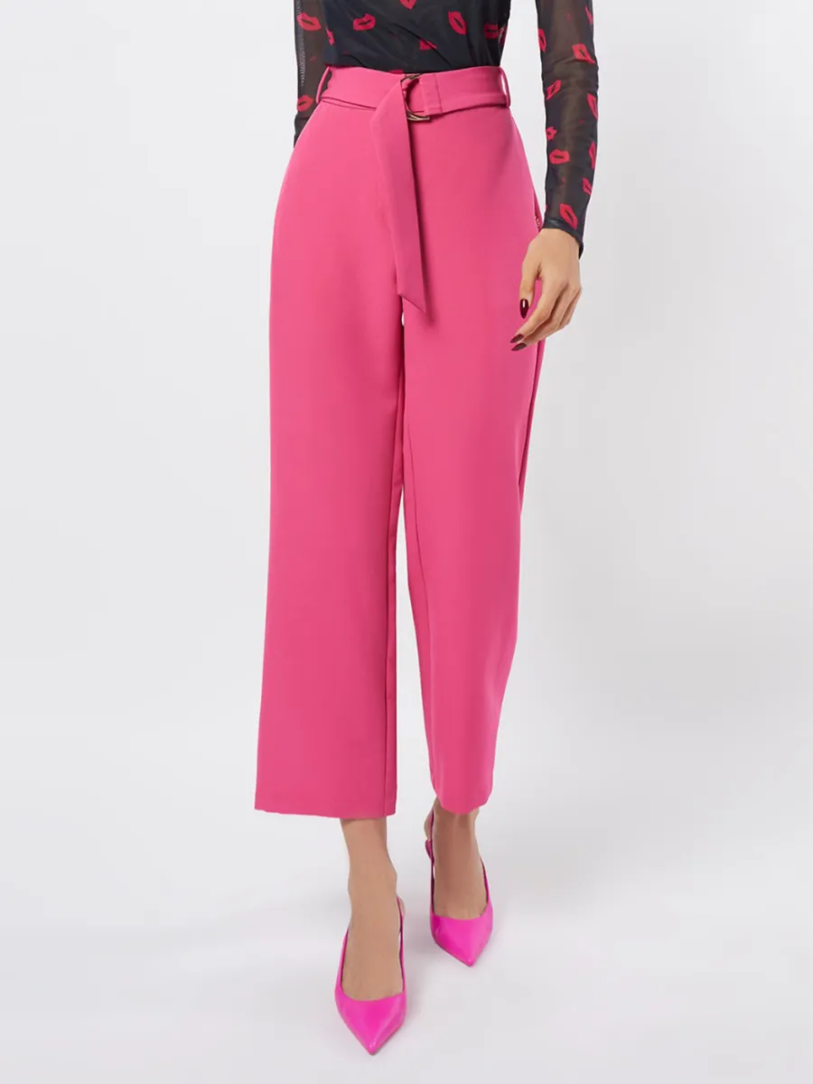 F-FASHION Wide Leg Trousers with D-Ring Belt Women Dark Pink